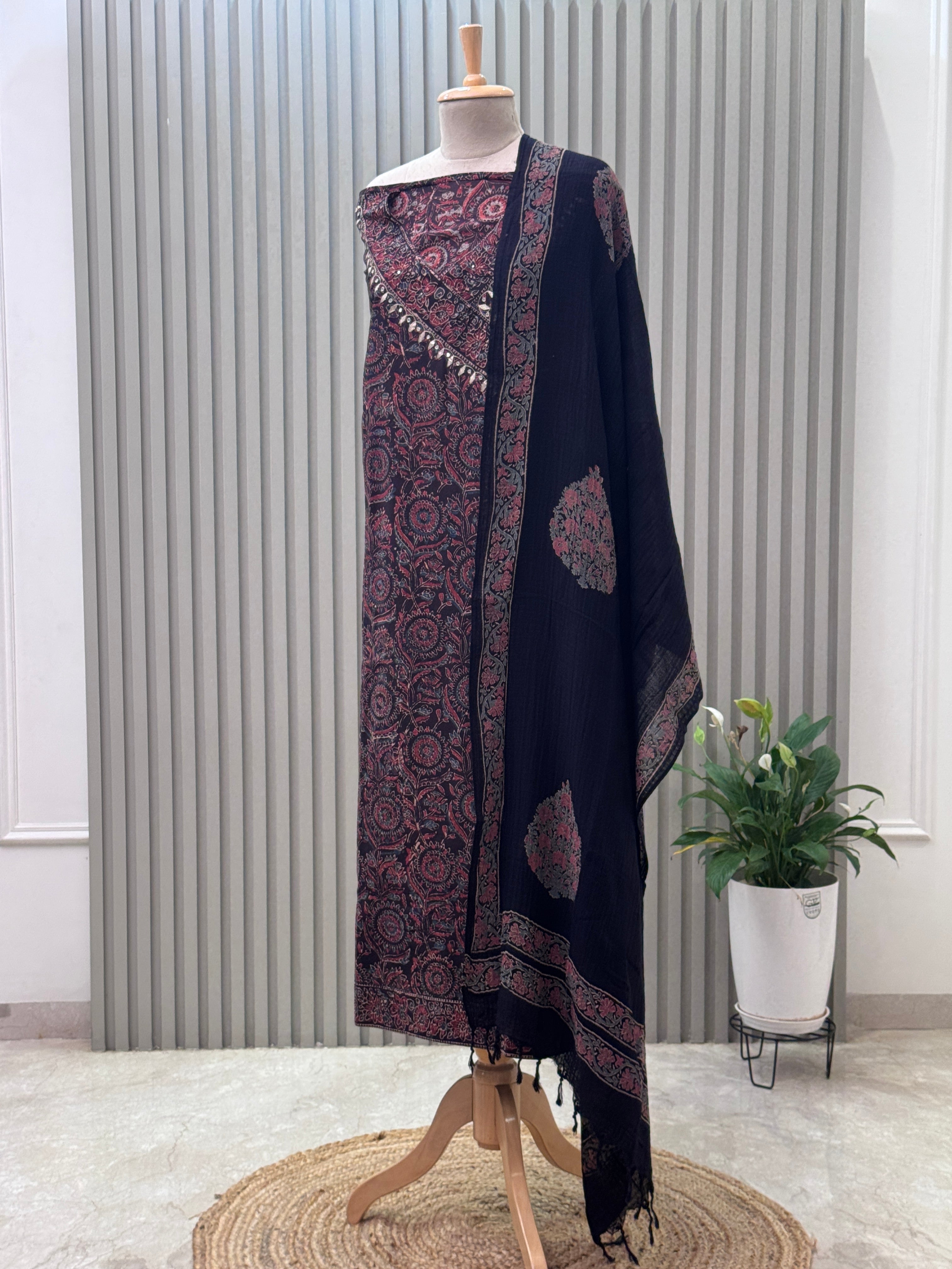 Cotton 3pc Angrakha Suit with Gota Patti & Ajrakh Design