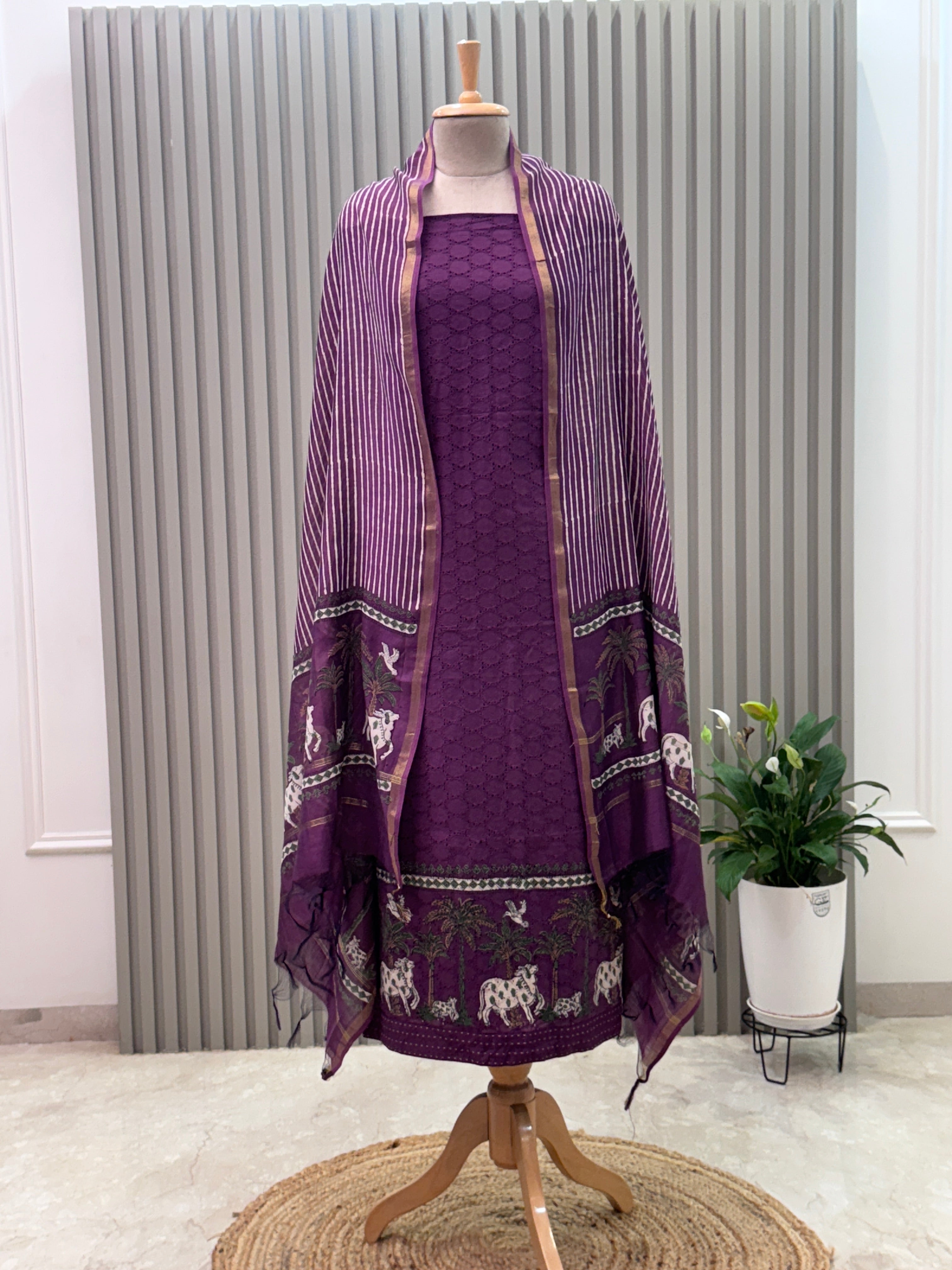 Elegant Schiffli & Pure Cotton Pichwai Art 3-Piece Suit