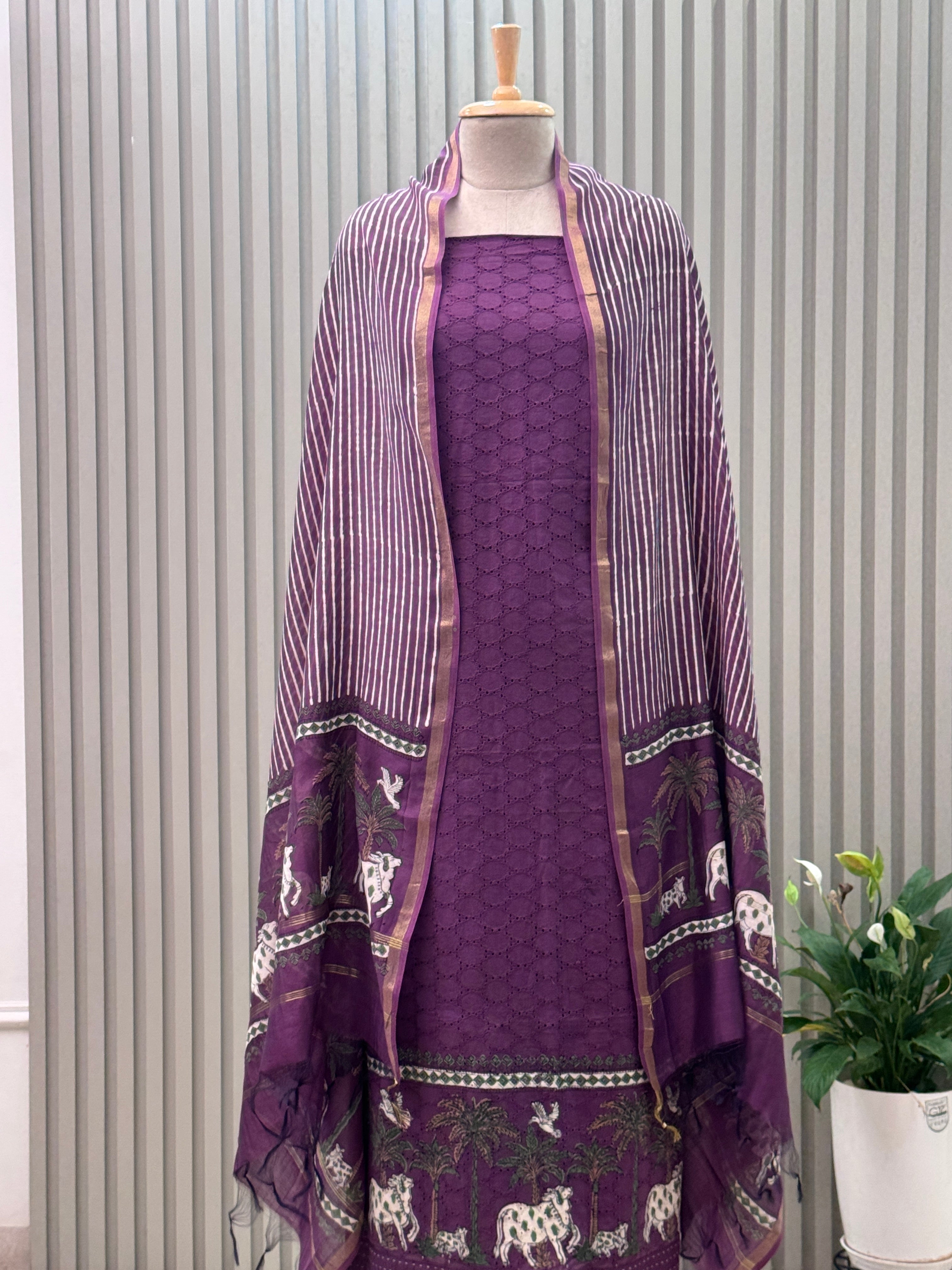 Elegant Schiffli & Pure Cotton Pichwai Art 3-Piece Suit
