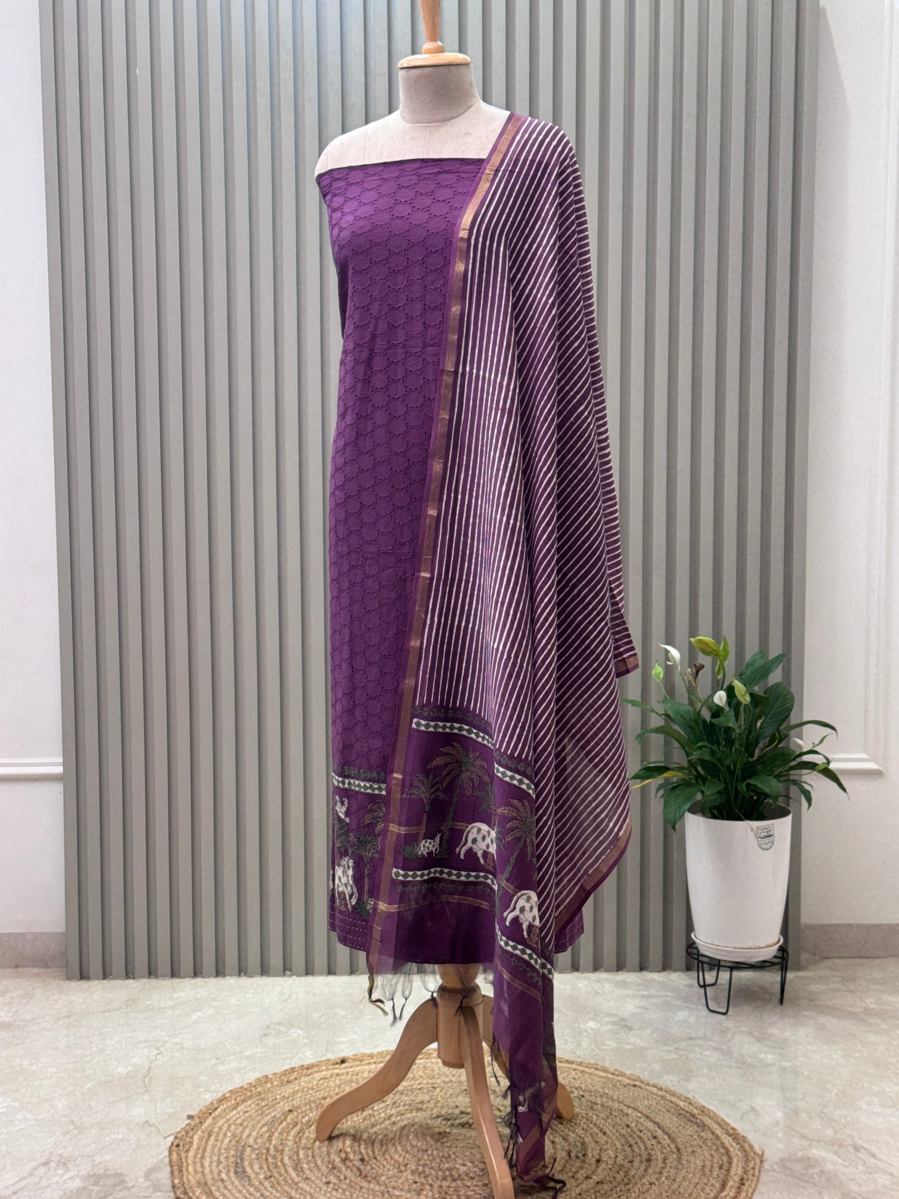 Elegant Schiffli & Pure Cotton Pichwai Art 3-Piece Suit