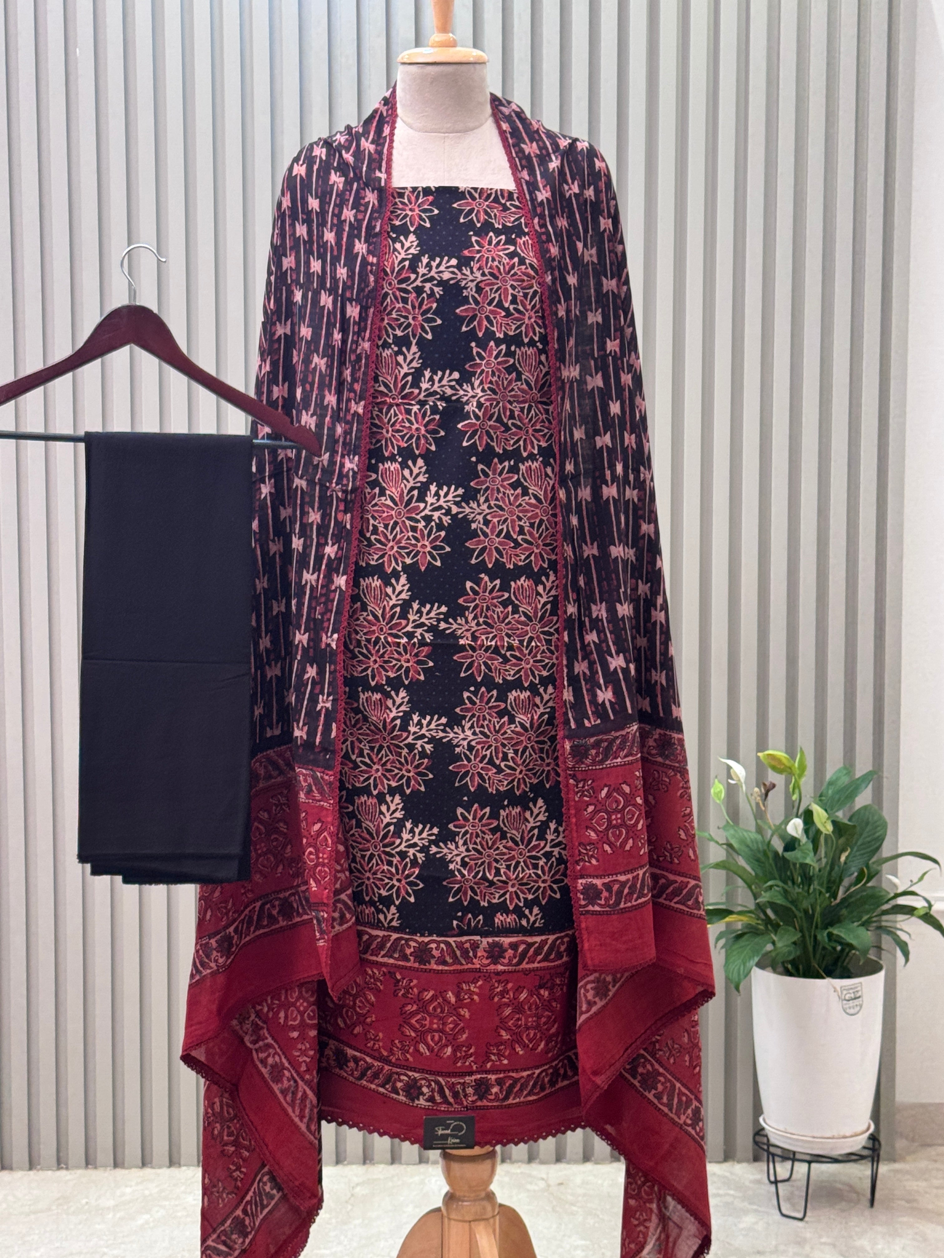 Cotton Ajrakh Print 3-Piece Suit – 100% Pure Cotton