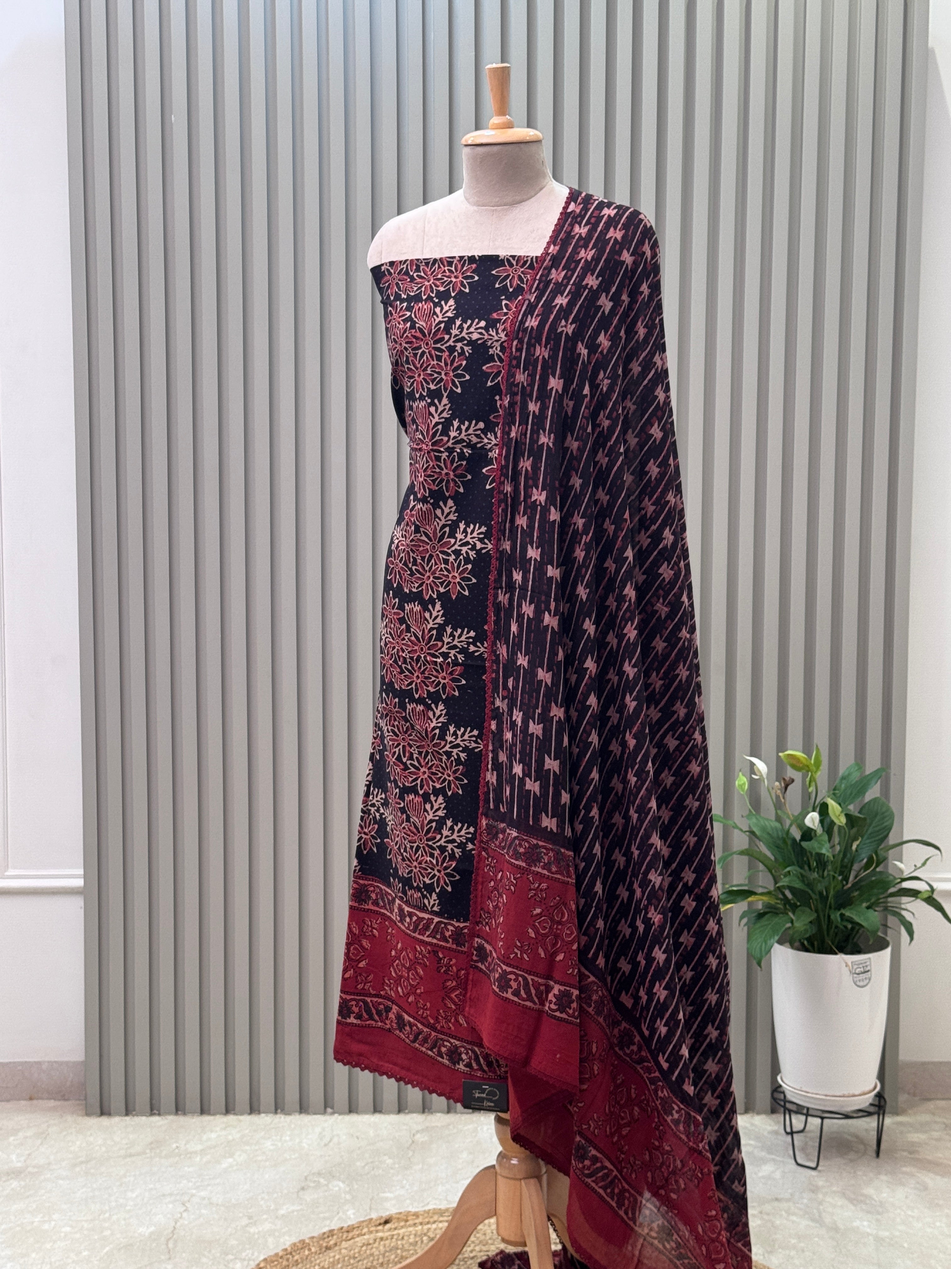 Cotton Ajrakh Print 3-Piece Suit – 100% Pure Cotton