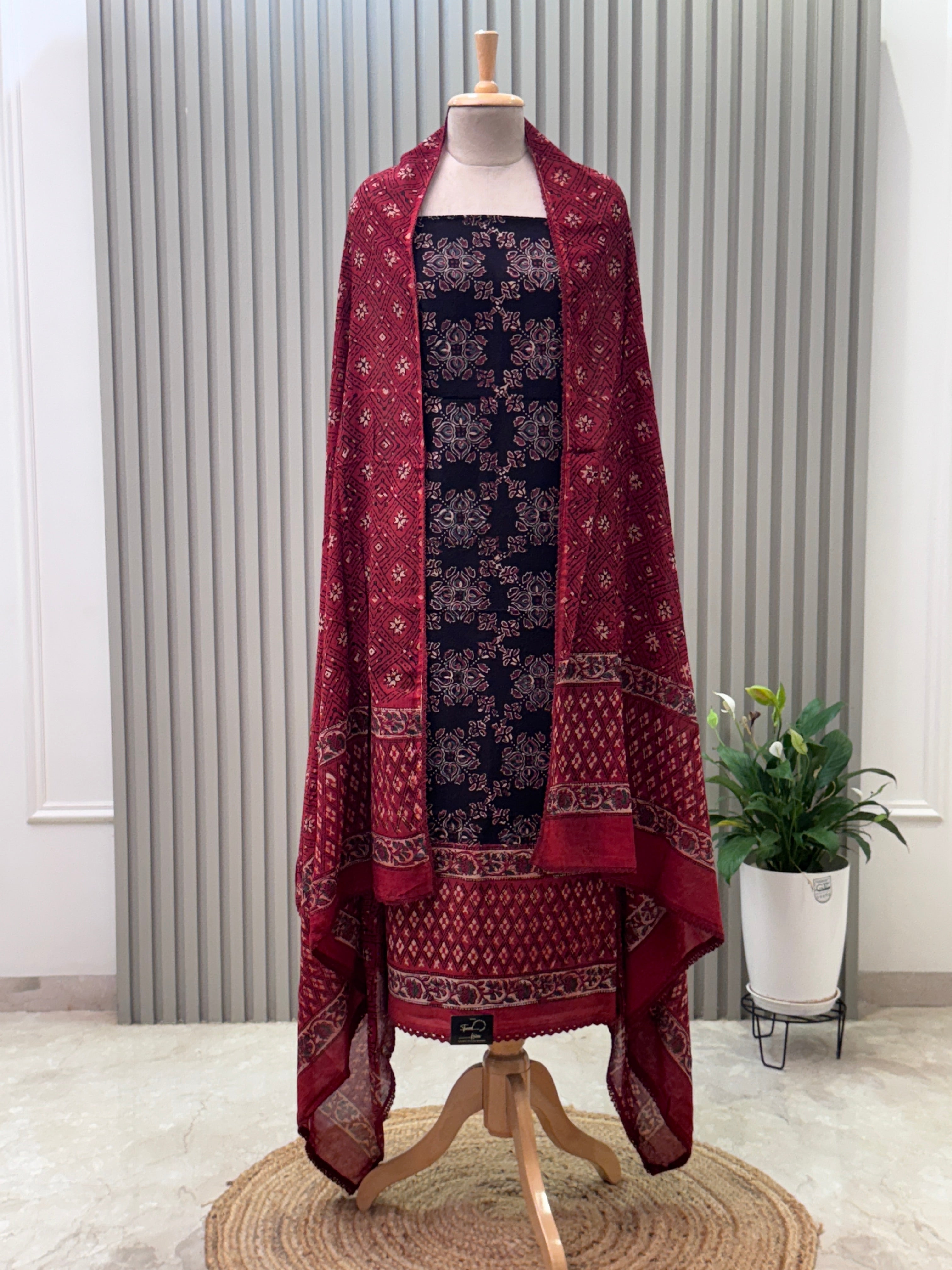 Cotton Ajrakh Print 3-Piece Suit – 100% Pure Cotton