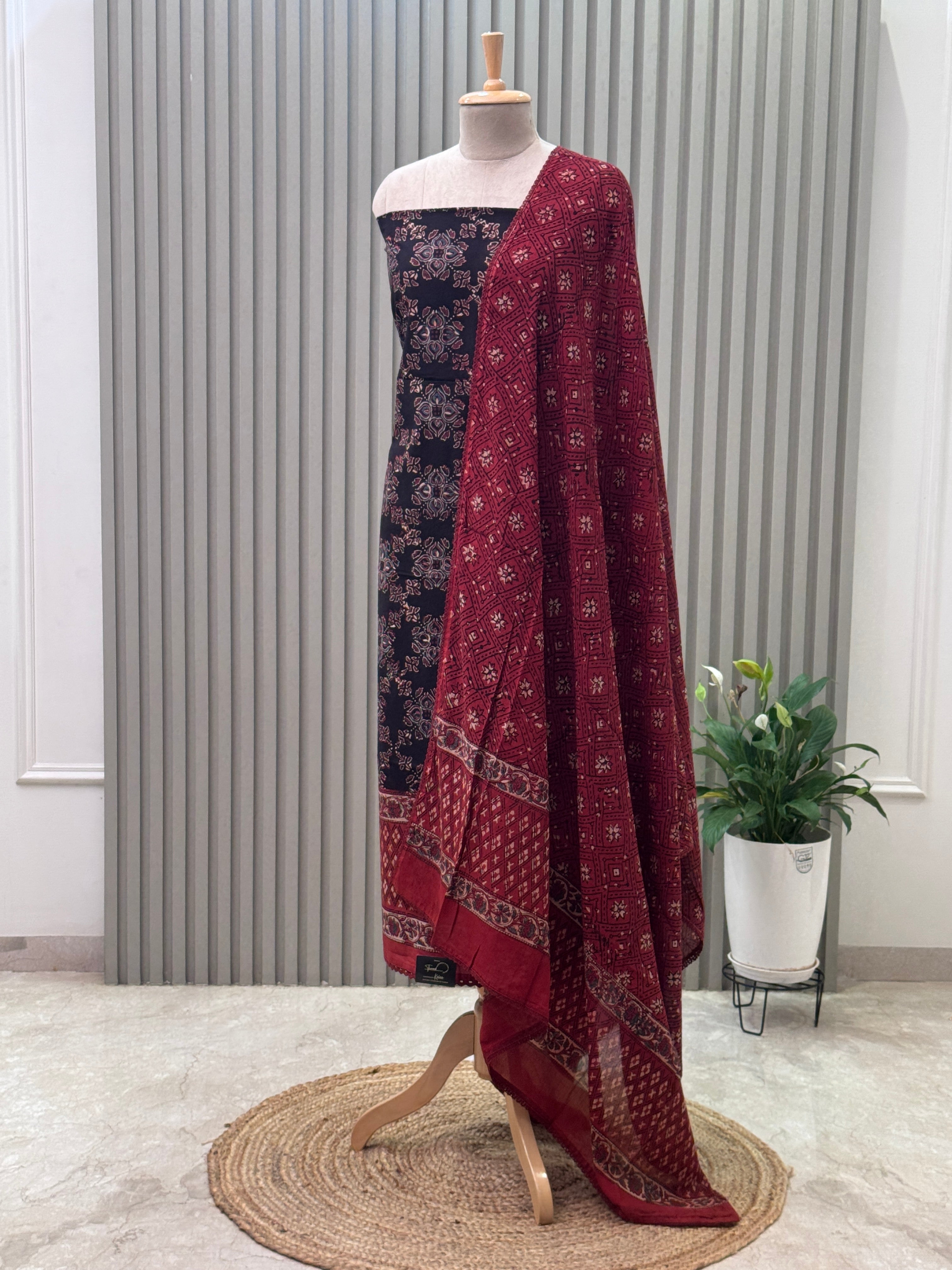 Cotton Ajrakh Print 3-Piece Suit – 100% Pure Cotton