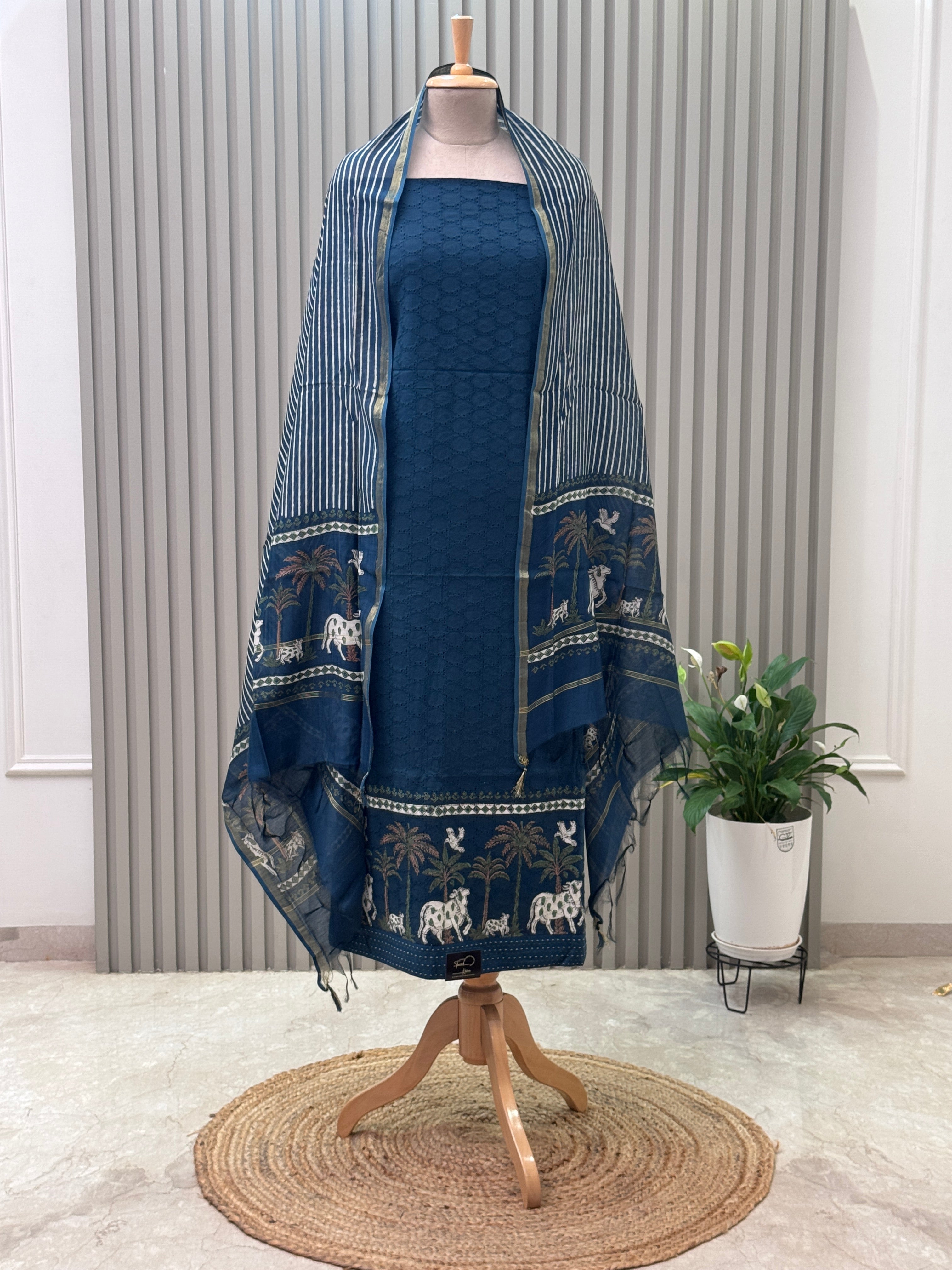 Elegant Schiffli & Pure Cotton Pichwai Art 3-Piece Suit