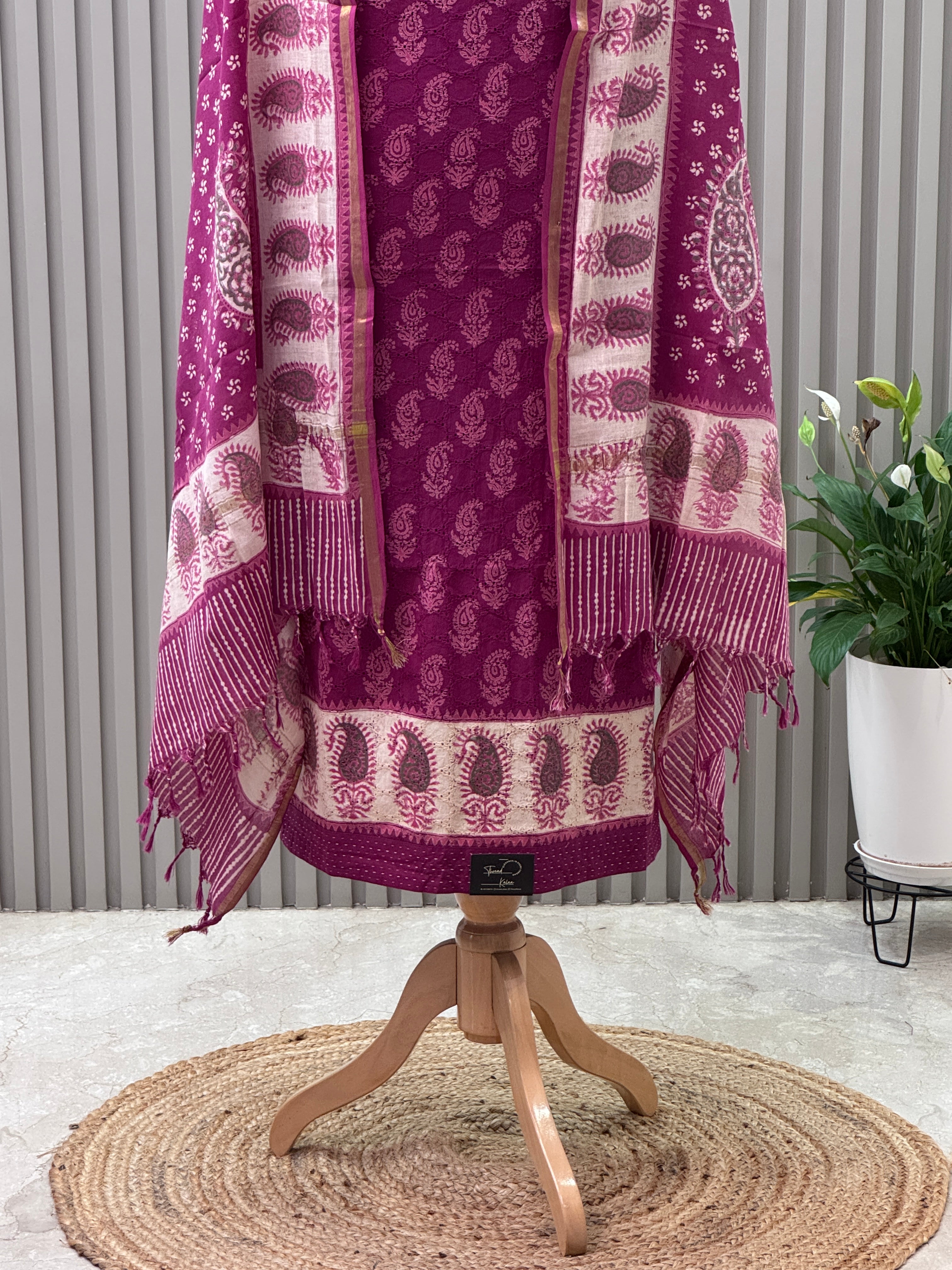 Elegant Schiffli & Pure Cotton Paisley Block Print 3-Piece Suit