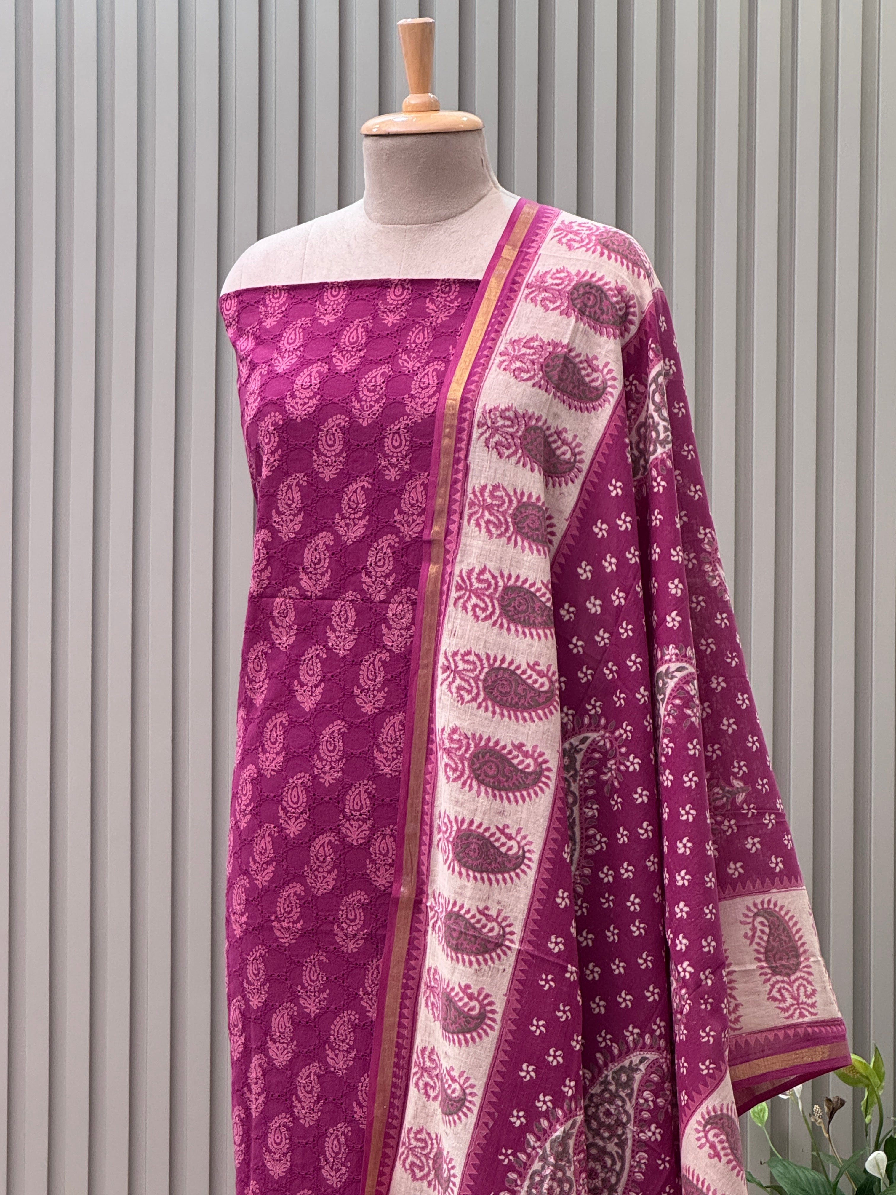 Elegant Schiffli & Pure Cotton Paisley Block Print 3-Piece Suit