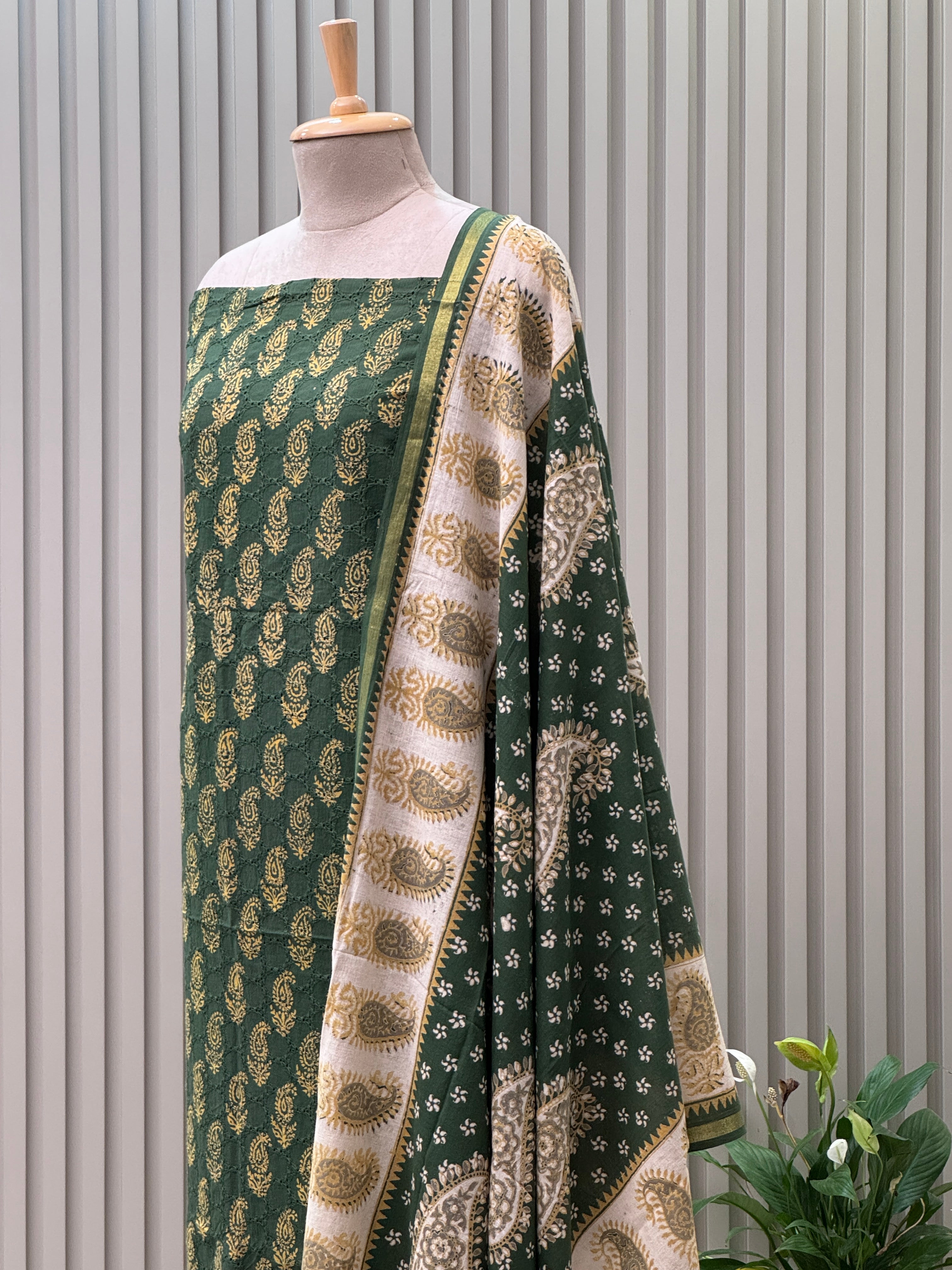 Elegant Schiffli & Pure Cotton Paisley Block Print 3-Piece Suit