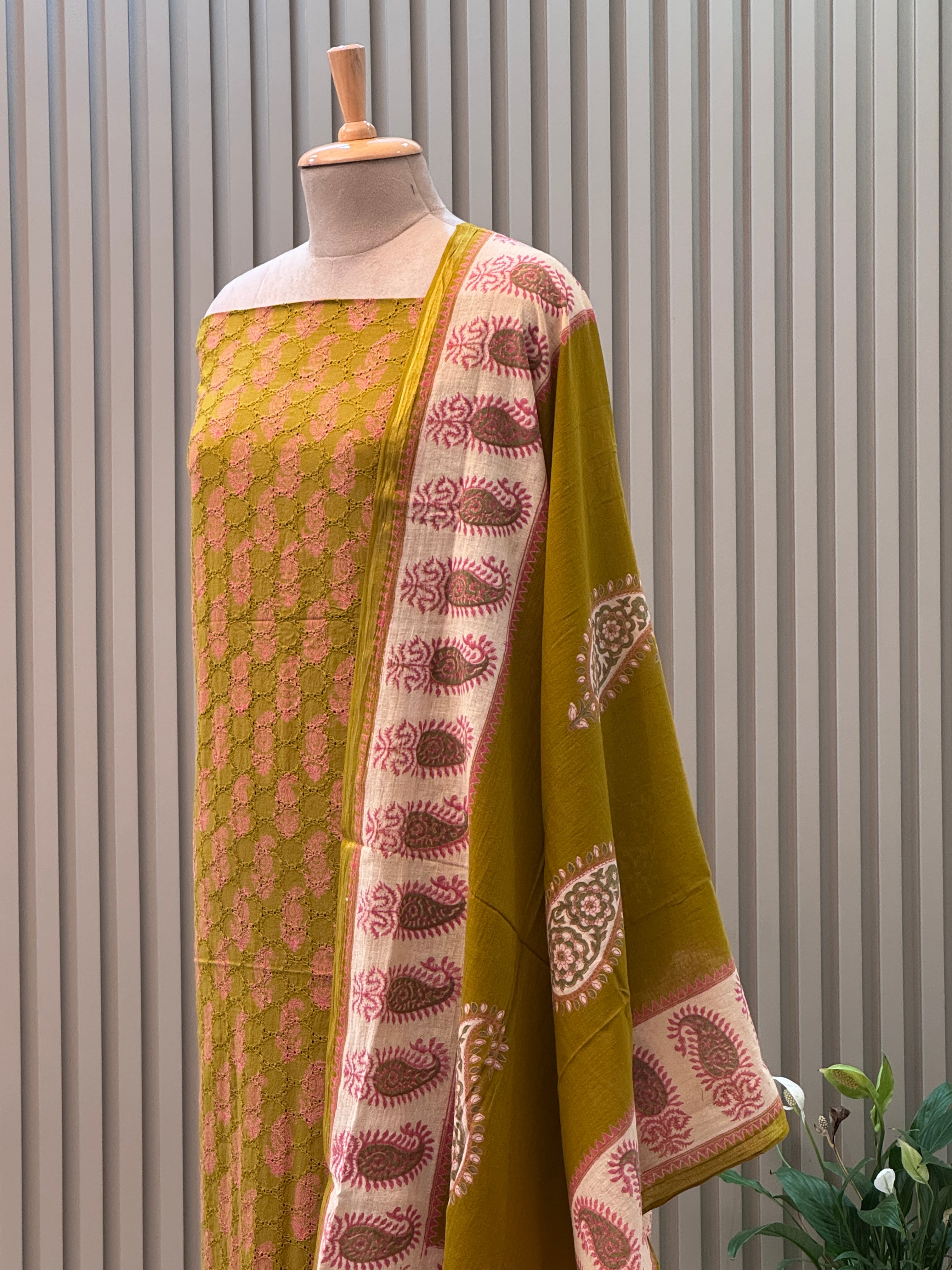 Elegant Schiffli & Pure Cotton Paisley Block Print 3-Piece Suit