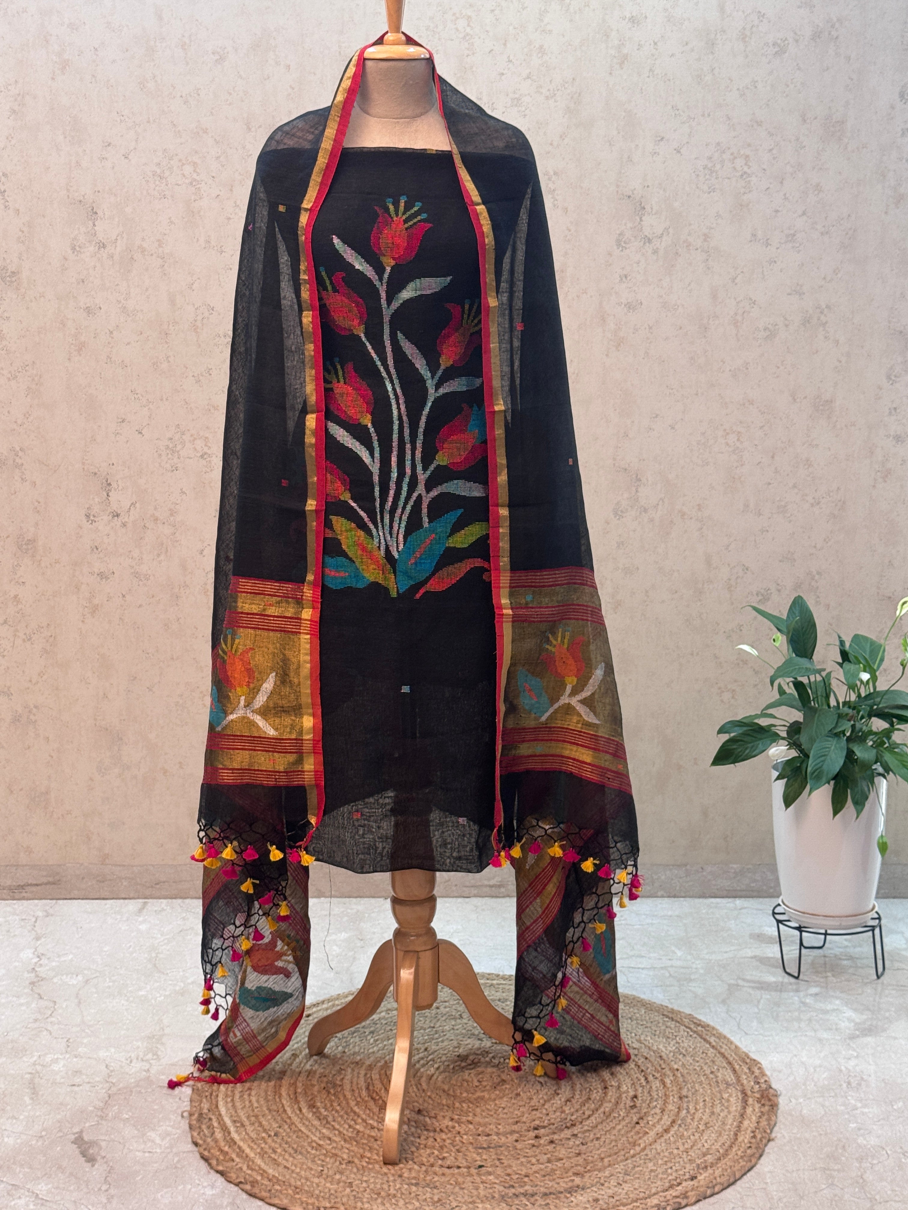 Paithani Jamdani Handloom 2-Piece Suit with Peacock Motif & Tassels