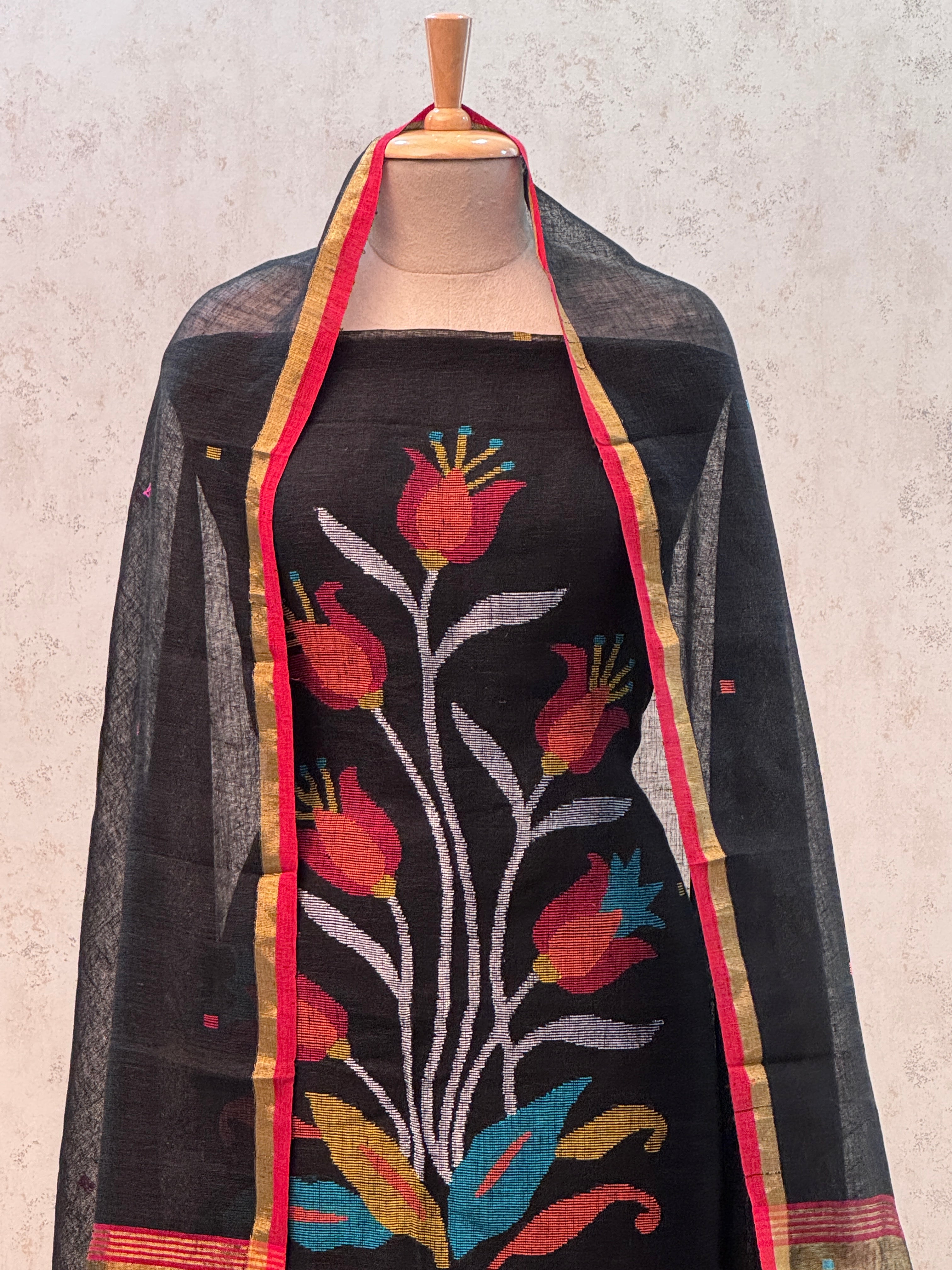 Paithani Jamdani Handloom 2-Piece Suit with Peacock Motif & Tassels