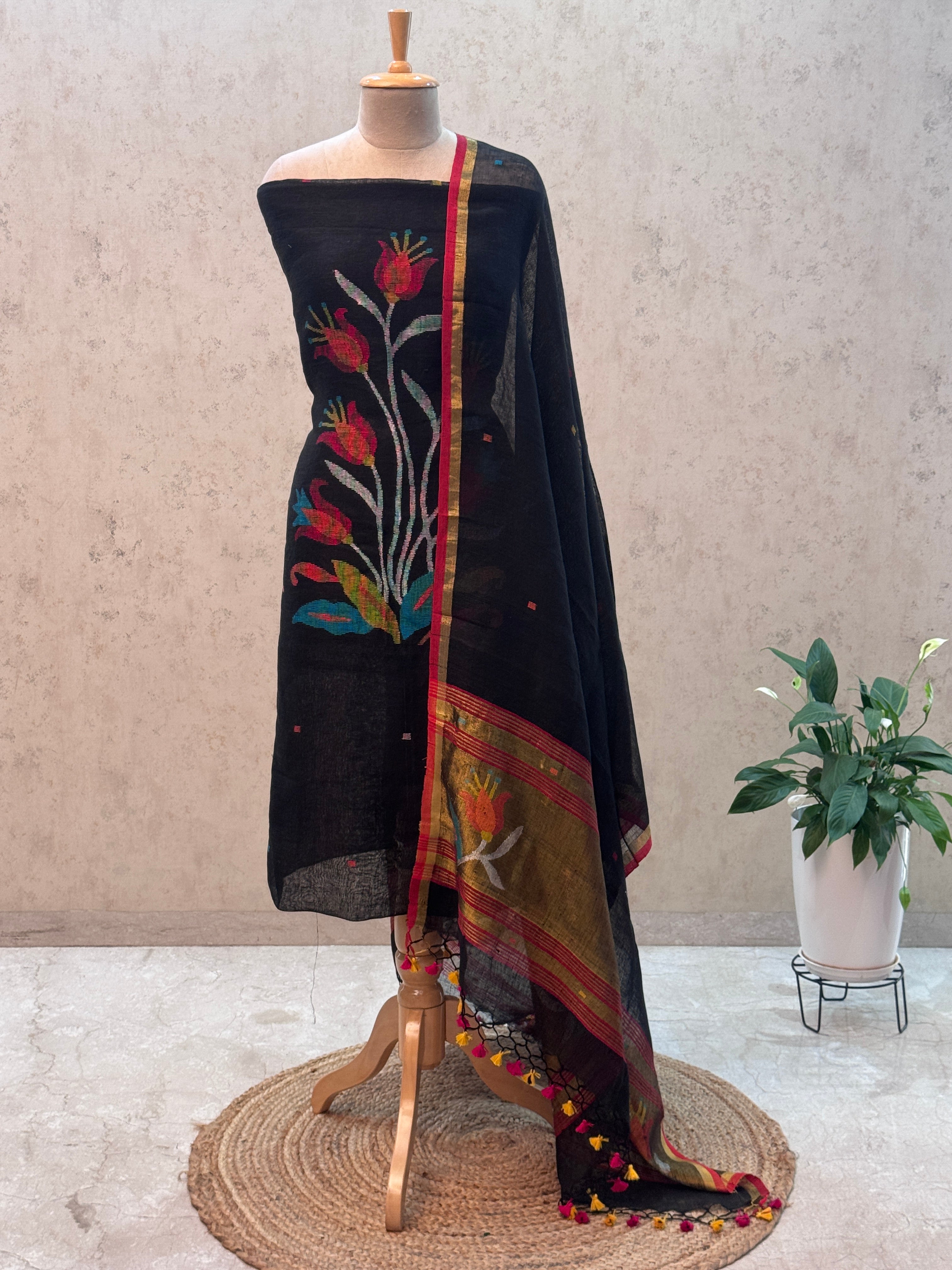 Paithani Jamdani Handloom 2-Piece Suit with Peacock Motif & Tassels