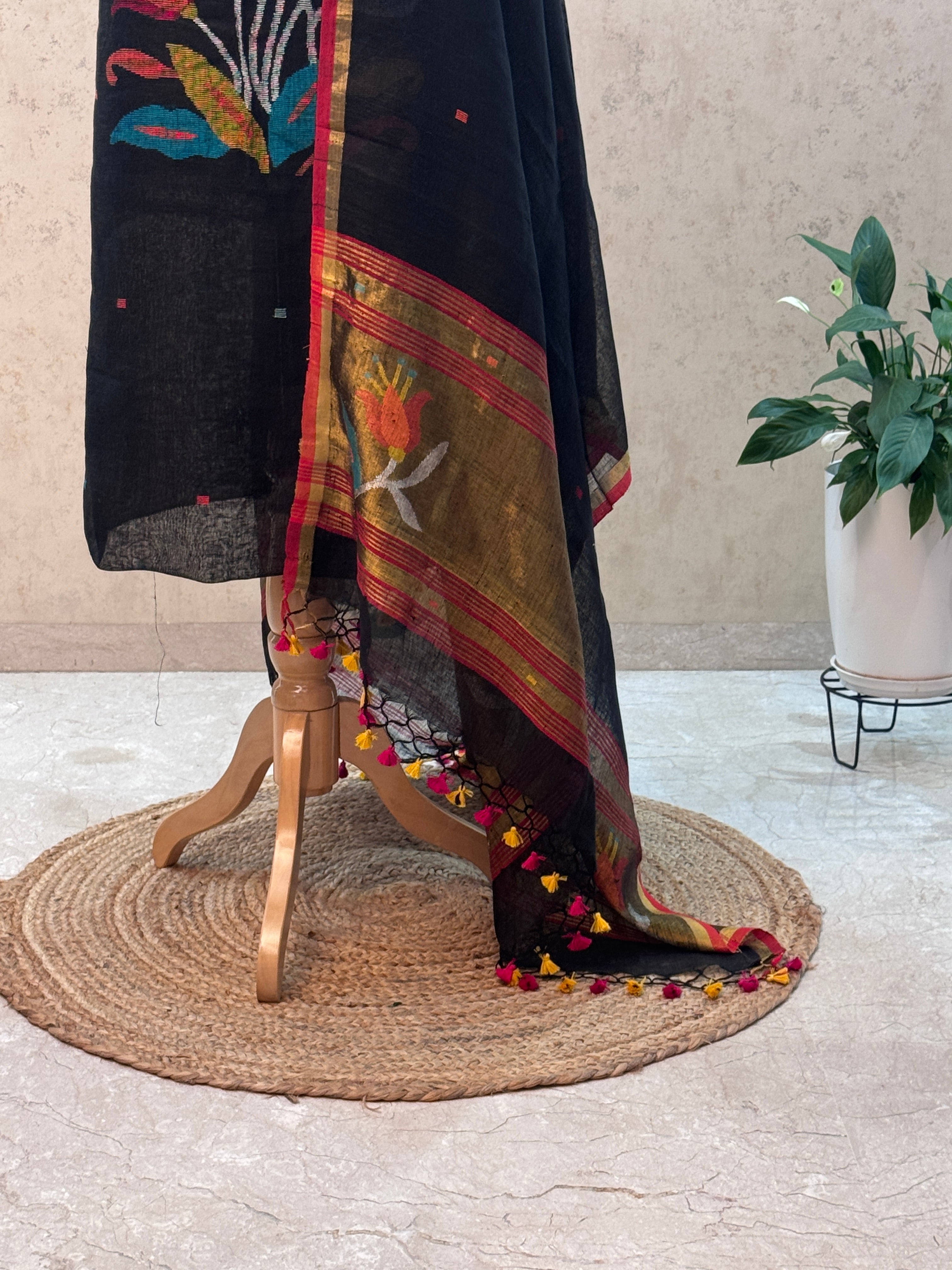 Paithani Jamdani Handloom 2-Piece Suit with Peacock Motif & Tassels