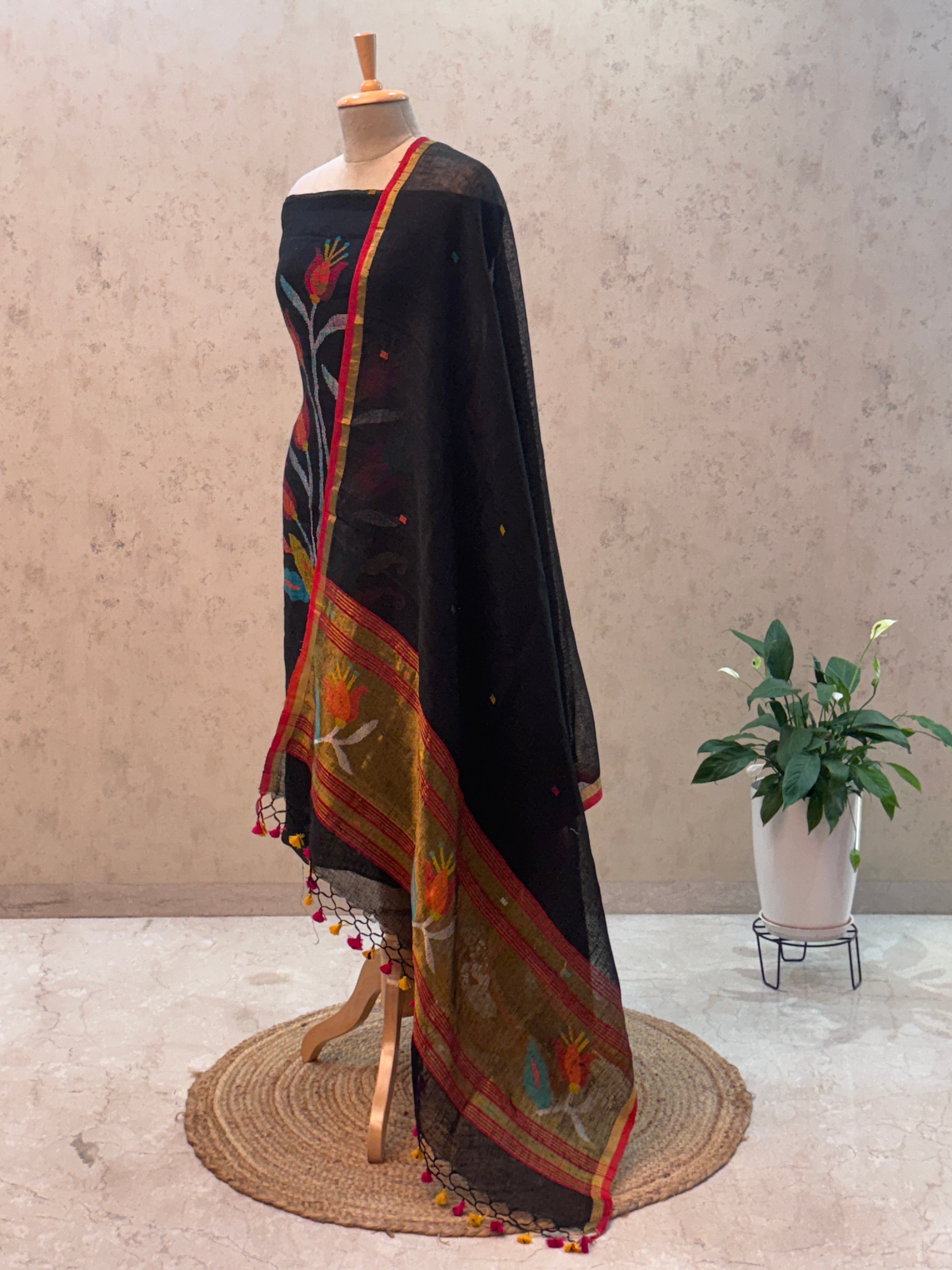 Paithani Jamdani Handloom 2-Piece Suit with Peacock Motif & Tassels