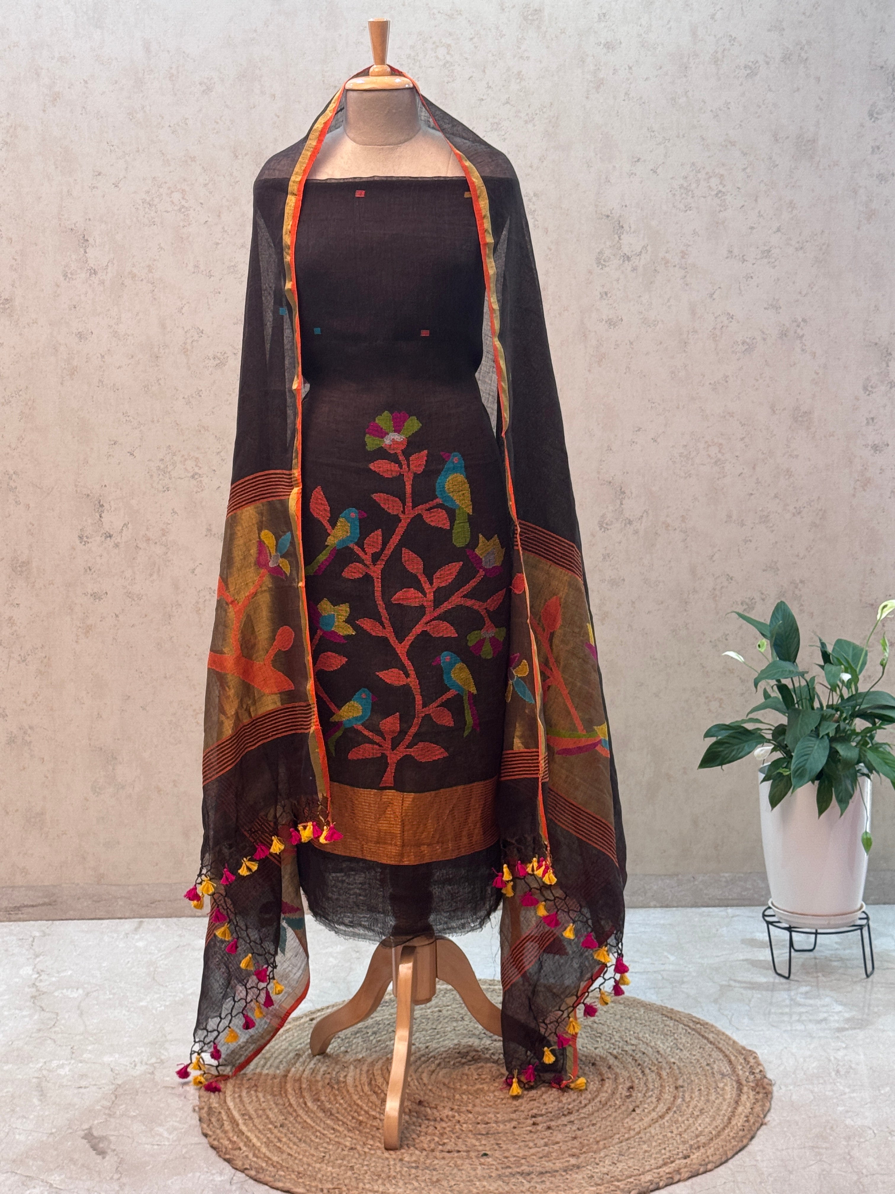 Paithani Jamdani Handloom 2-Piece Suit with Peacock Motif & Tassels