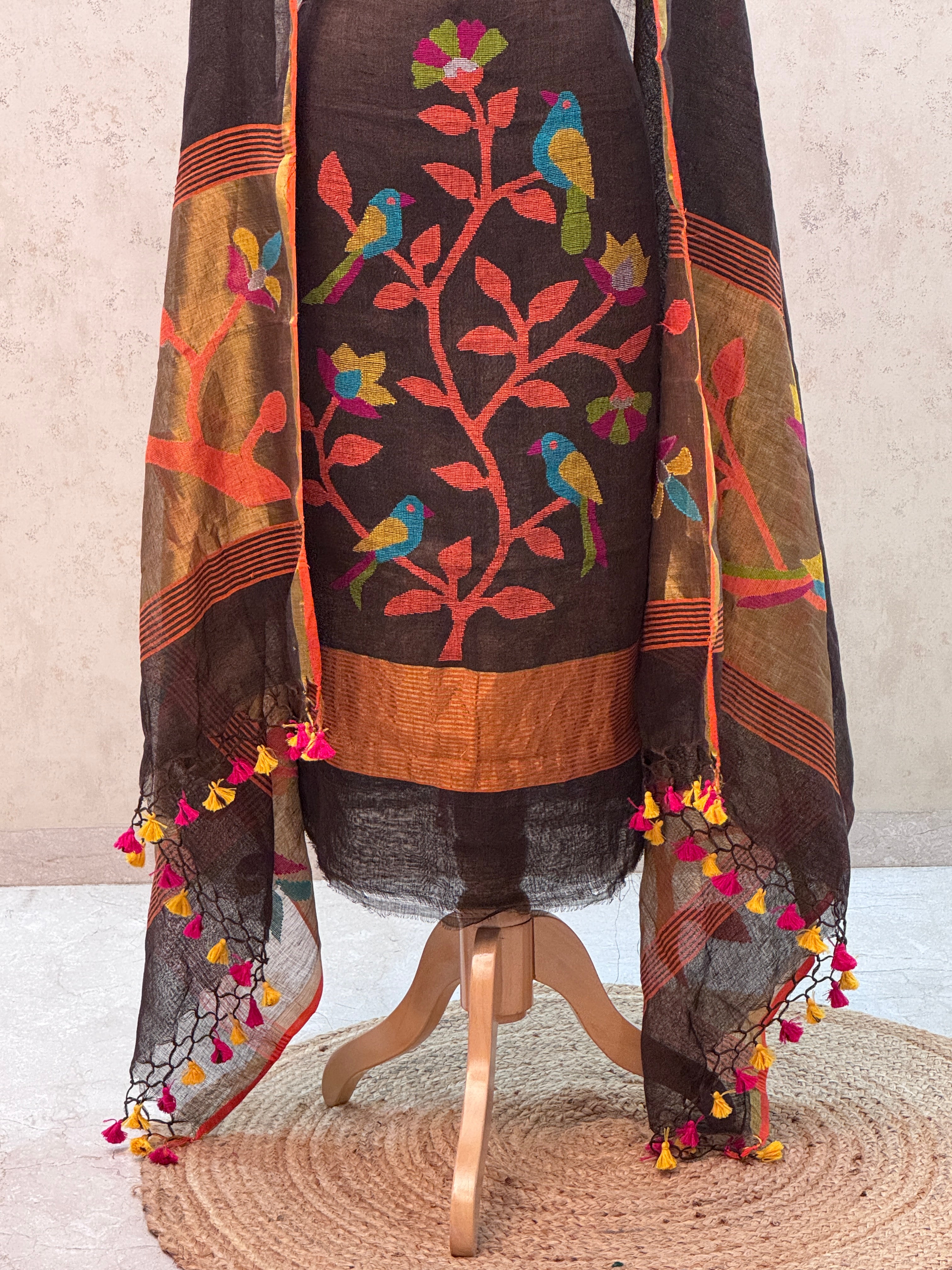 Paithani Jamdani Handloom 2-Piece Suit with Peacock Motif & Tassels