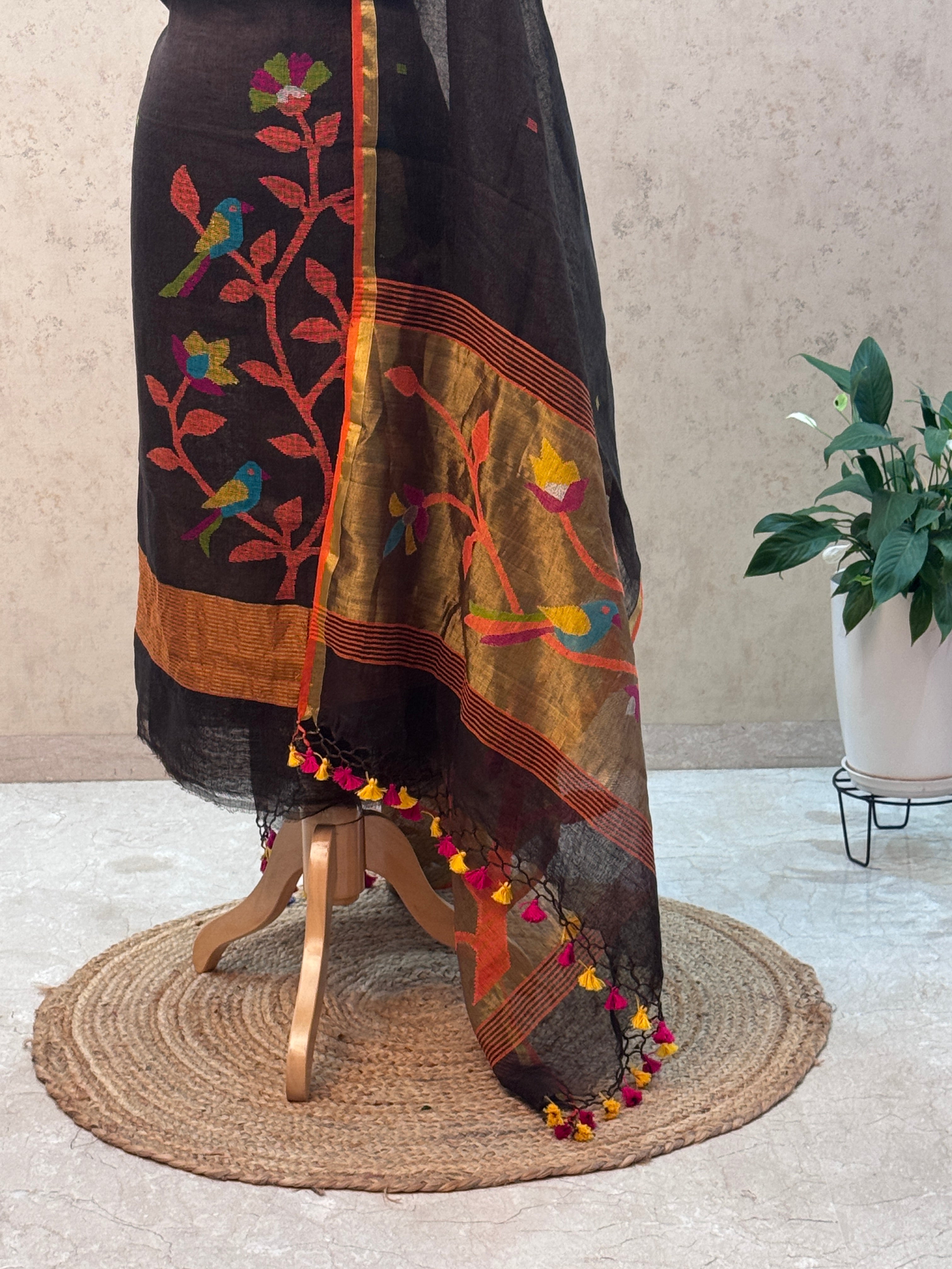 Paithani Jamdani Handloom 2-Piece Suit with Peacock Motif & Tassels