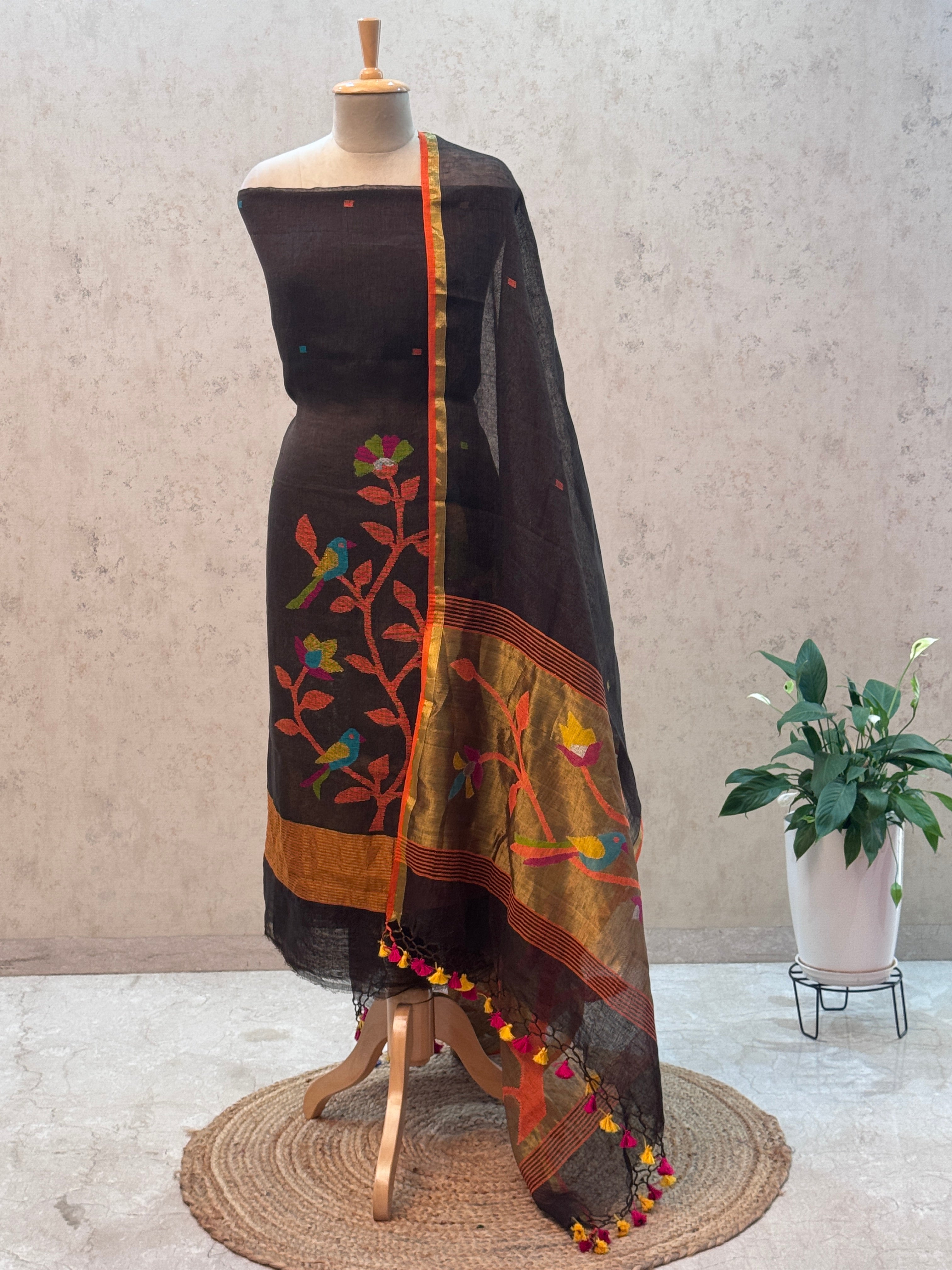 Paithani Jamdani Handloom 2-Piece Suit with Peacock Motif & Tassels