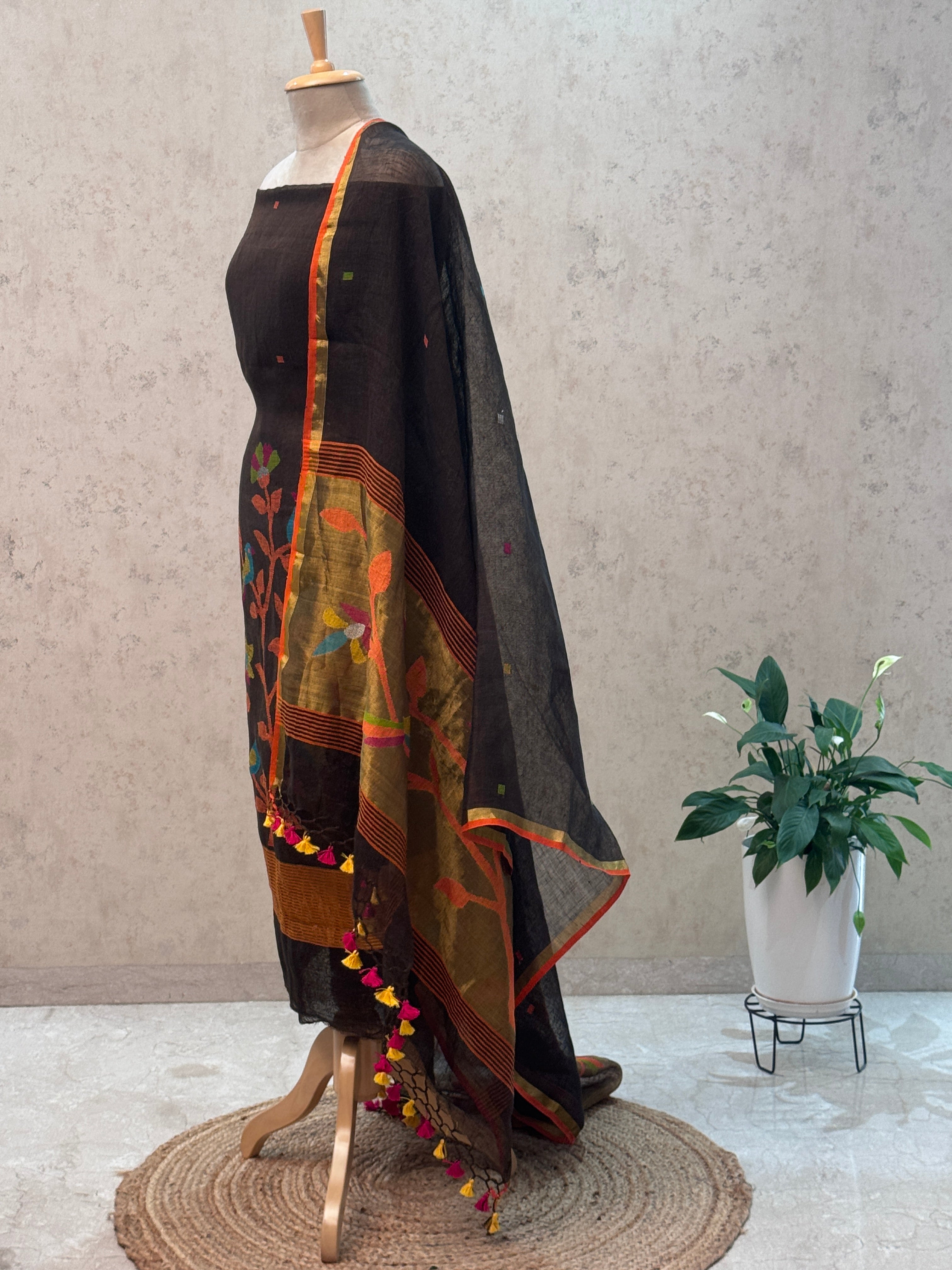 Paithani Jamdani Handloom 2-Piece Suit with Peacock Motif & Tassels