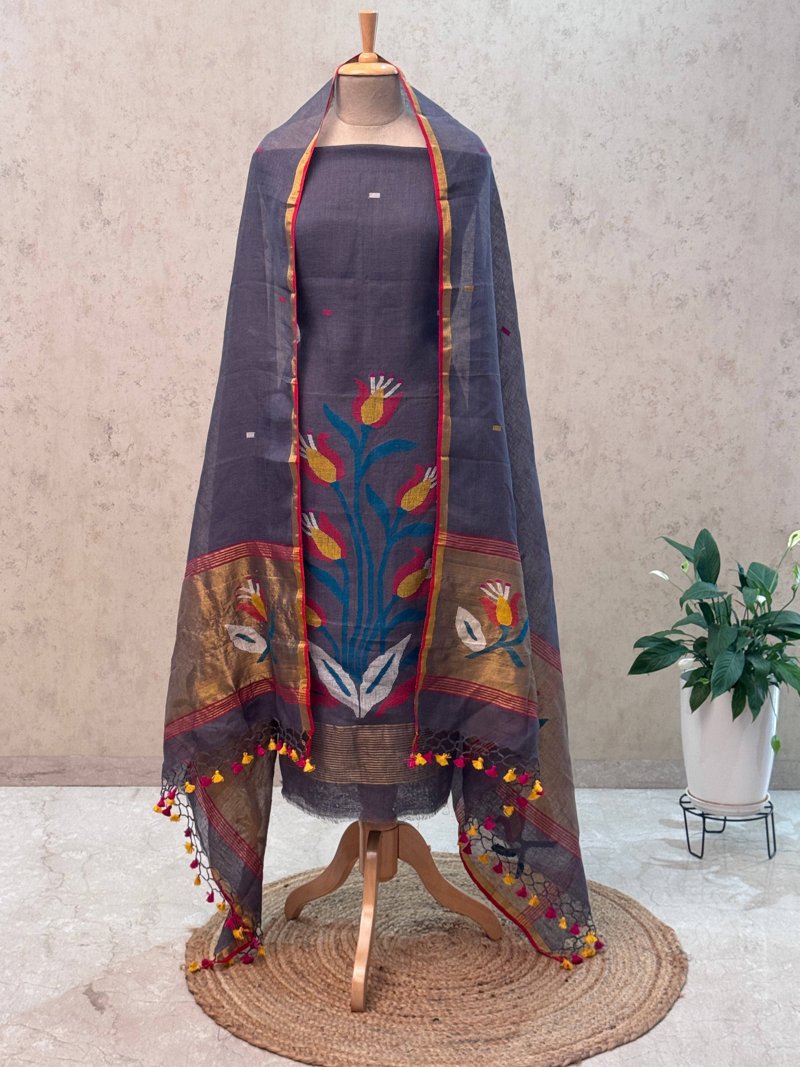 Paithani Jamdani Handloom 2-Piece Suit with Peacock Motif & Tassels