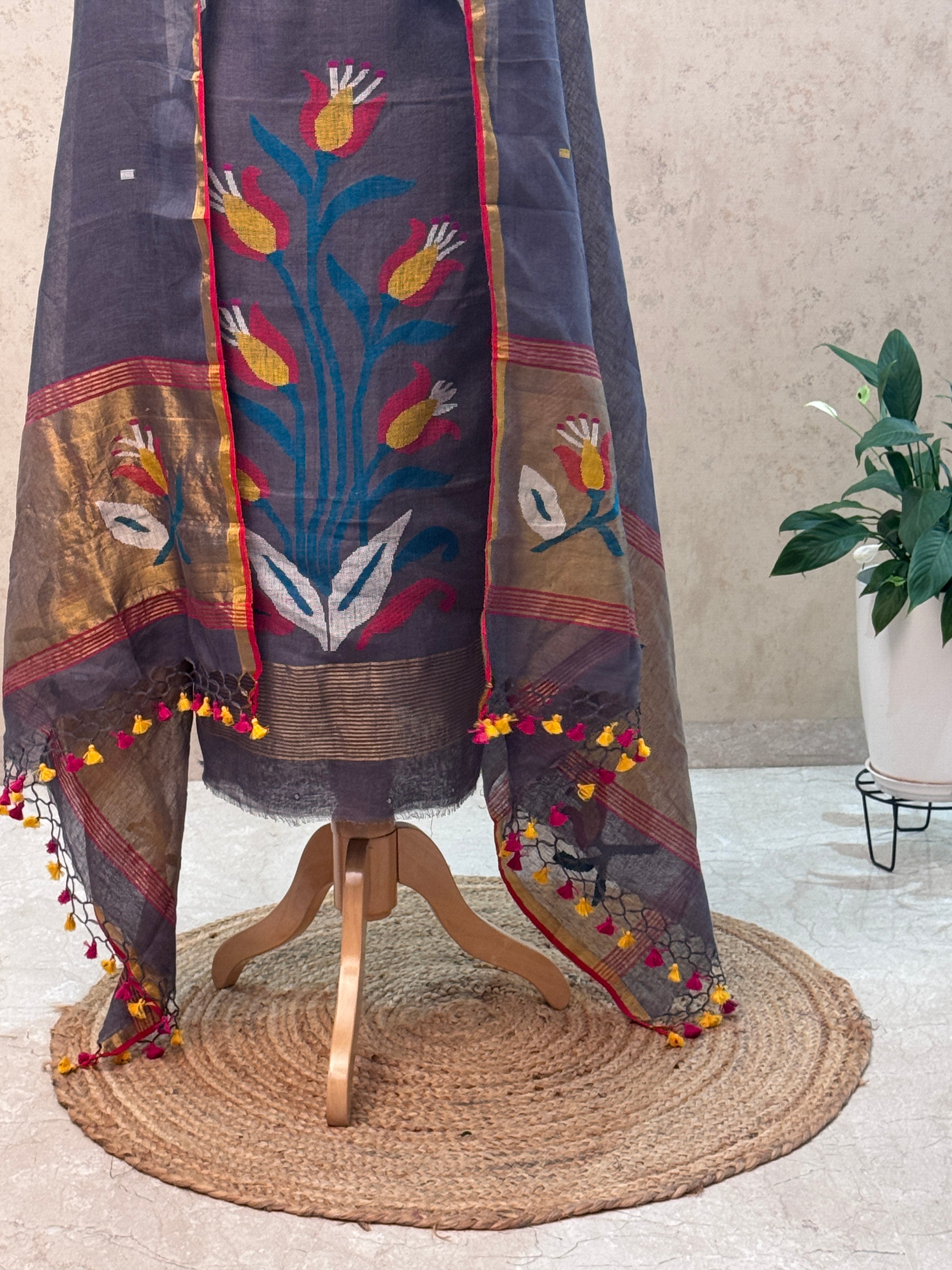 Paithani Jamdani Handloom 2-Piece Suit with Peacock Motif & Tassels