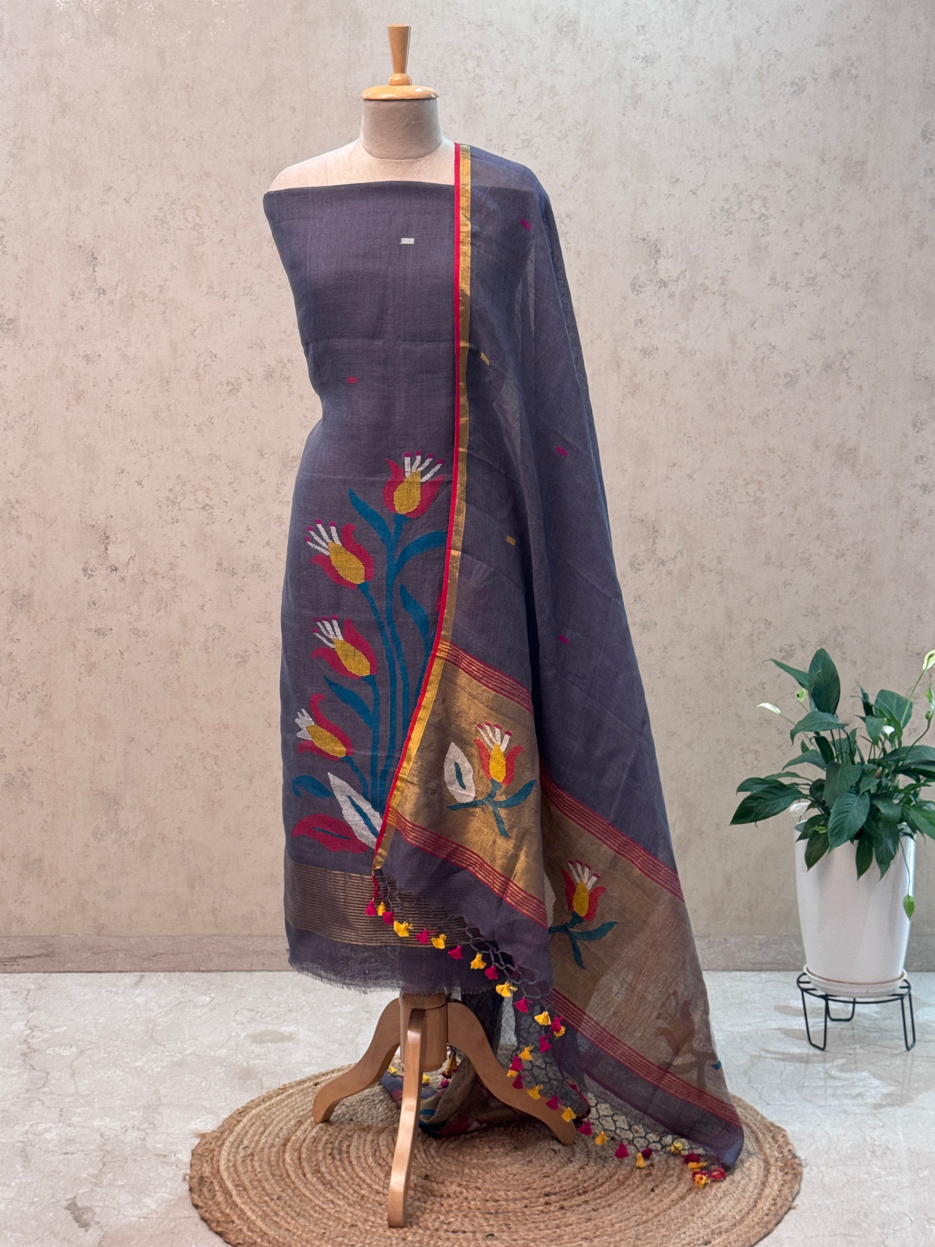 Paithani Jamdani Handloom 2-Piece Suit with Peacock Motif & Tassels