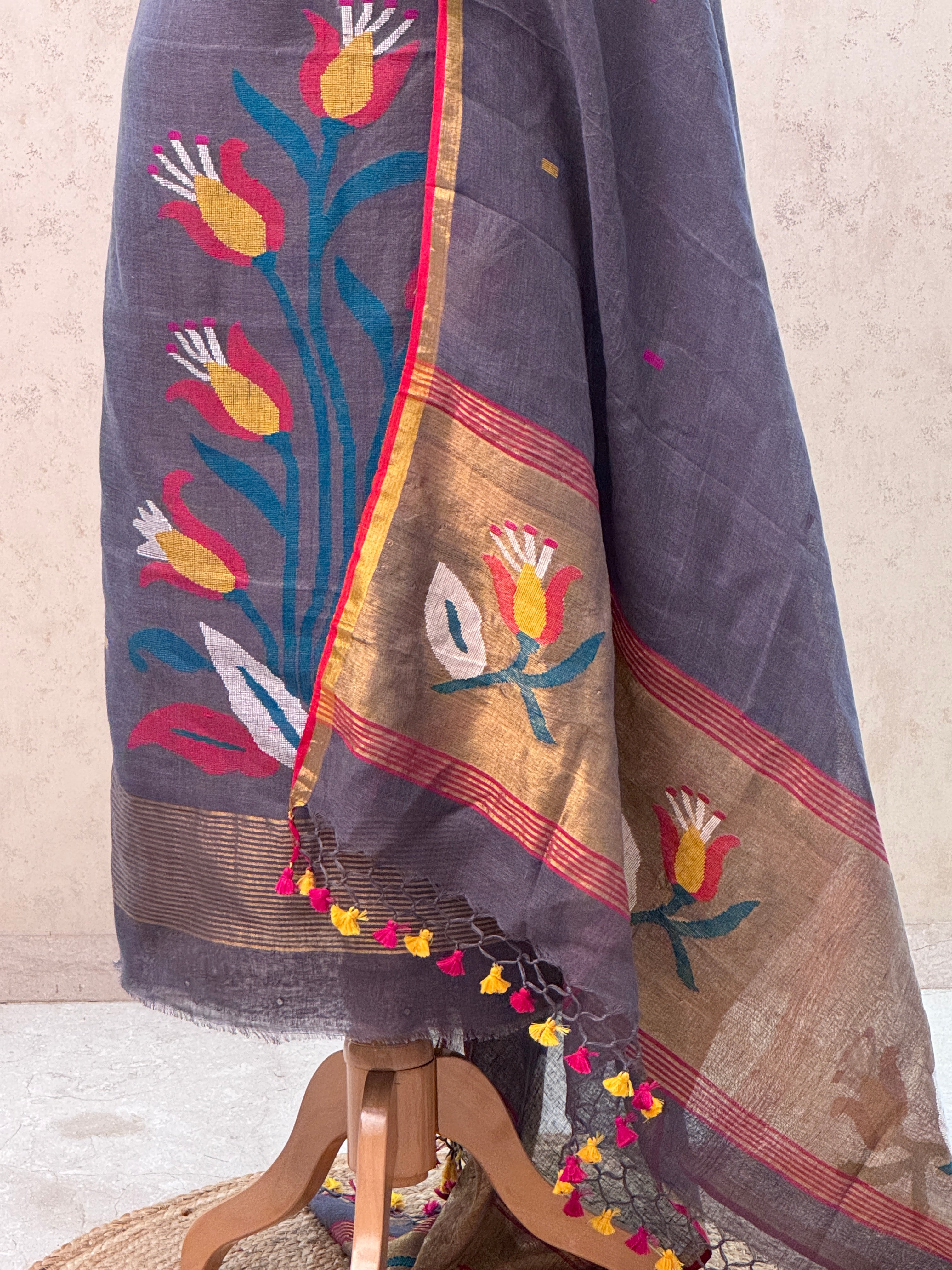 Paithani Jamdani Handloom 2-Piece Suit with Peacock Motif & Tassels