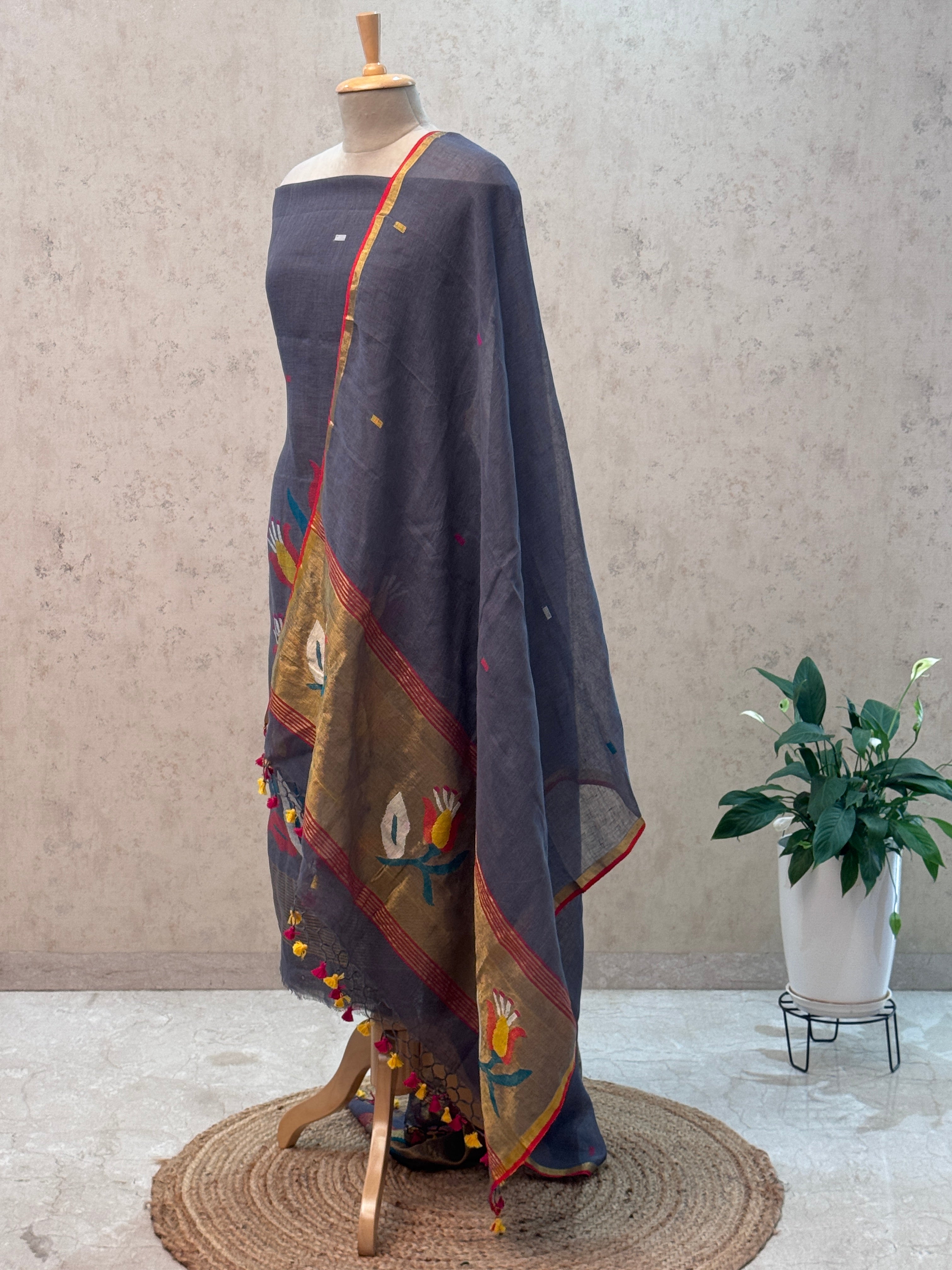 Paithani Jamdani Handloom 2-Piece Suit with Peacock Motif & Tassels