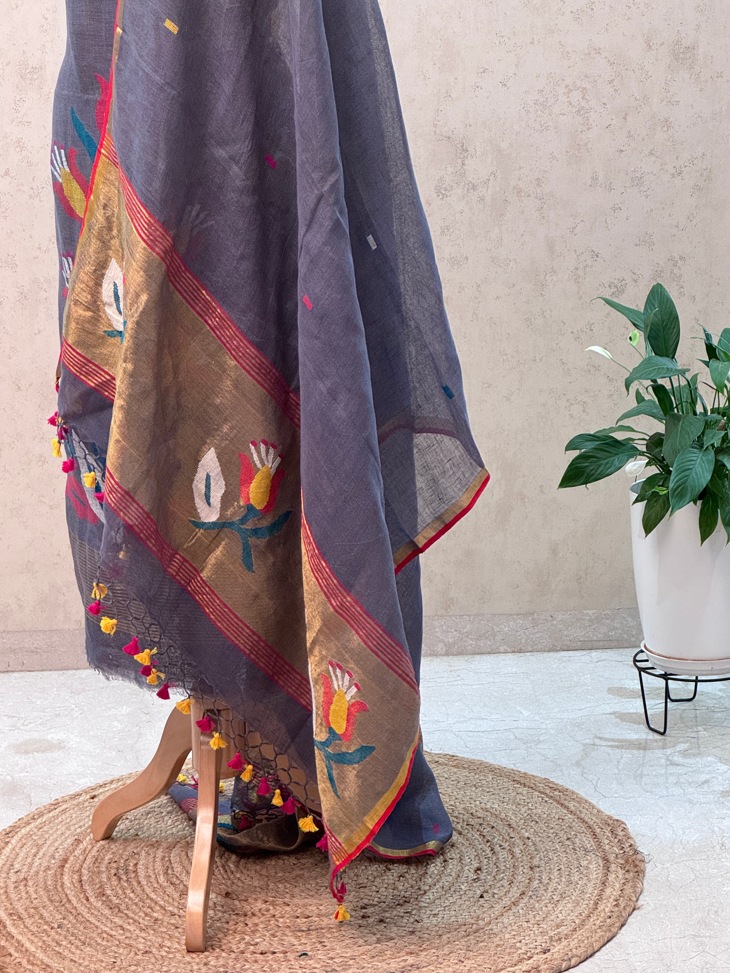 Paithani Jamdani Handloom 2-Piece Suit with Peacock Motif & Tassels