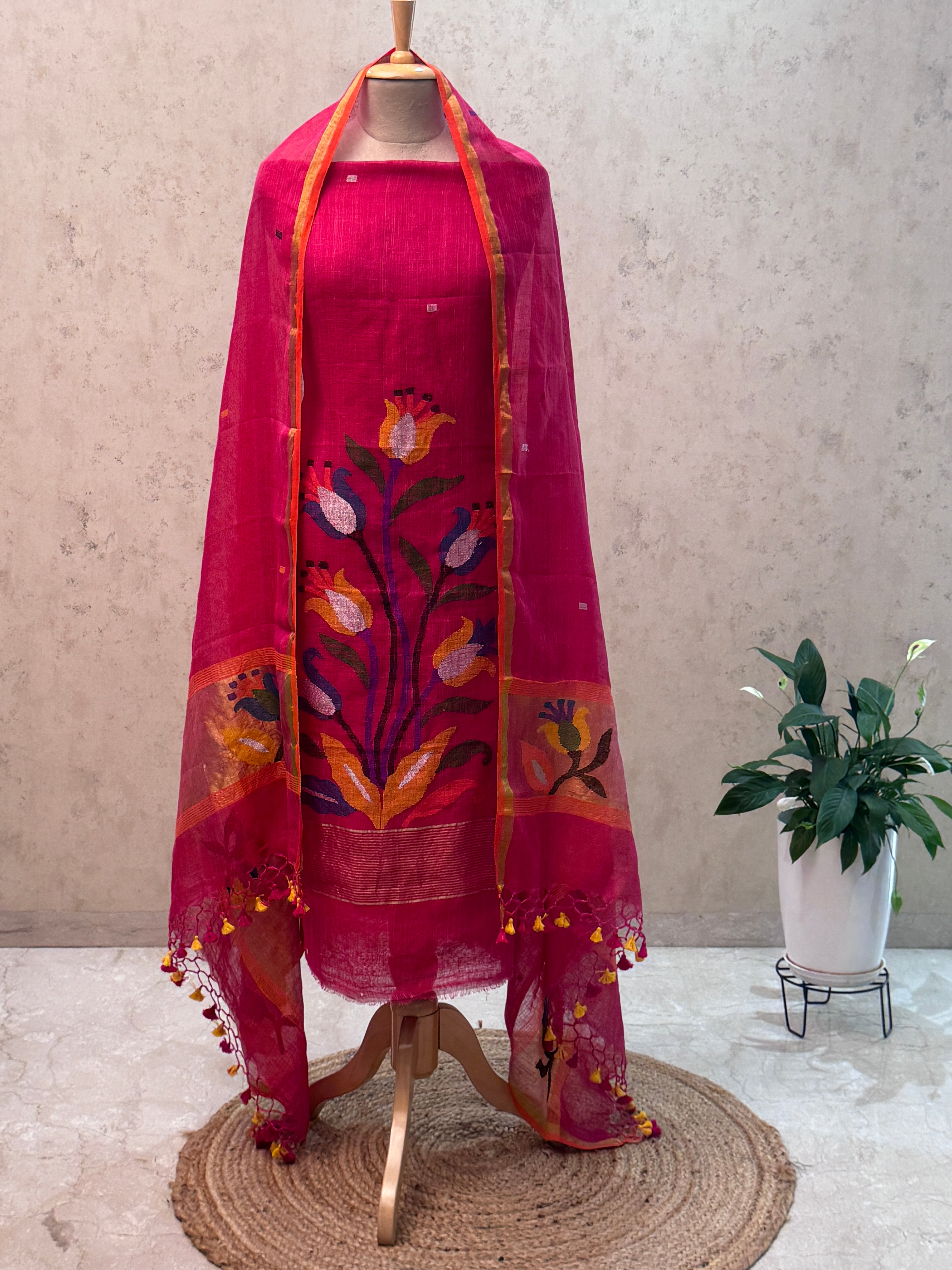 Paithani Jamdani Handloom 2-Piece Suit with Peacock Motif & Tassels