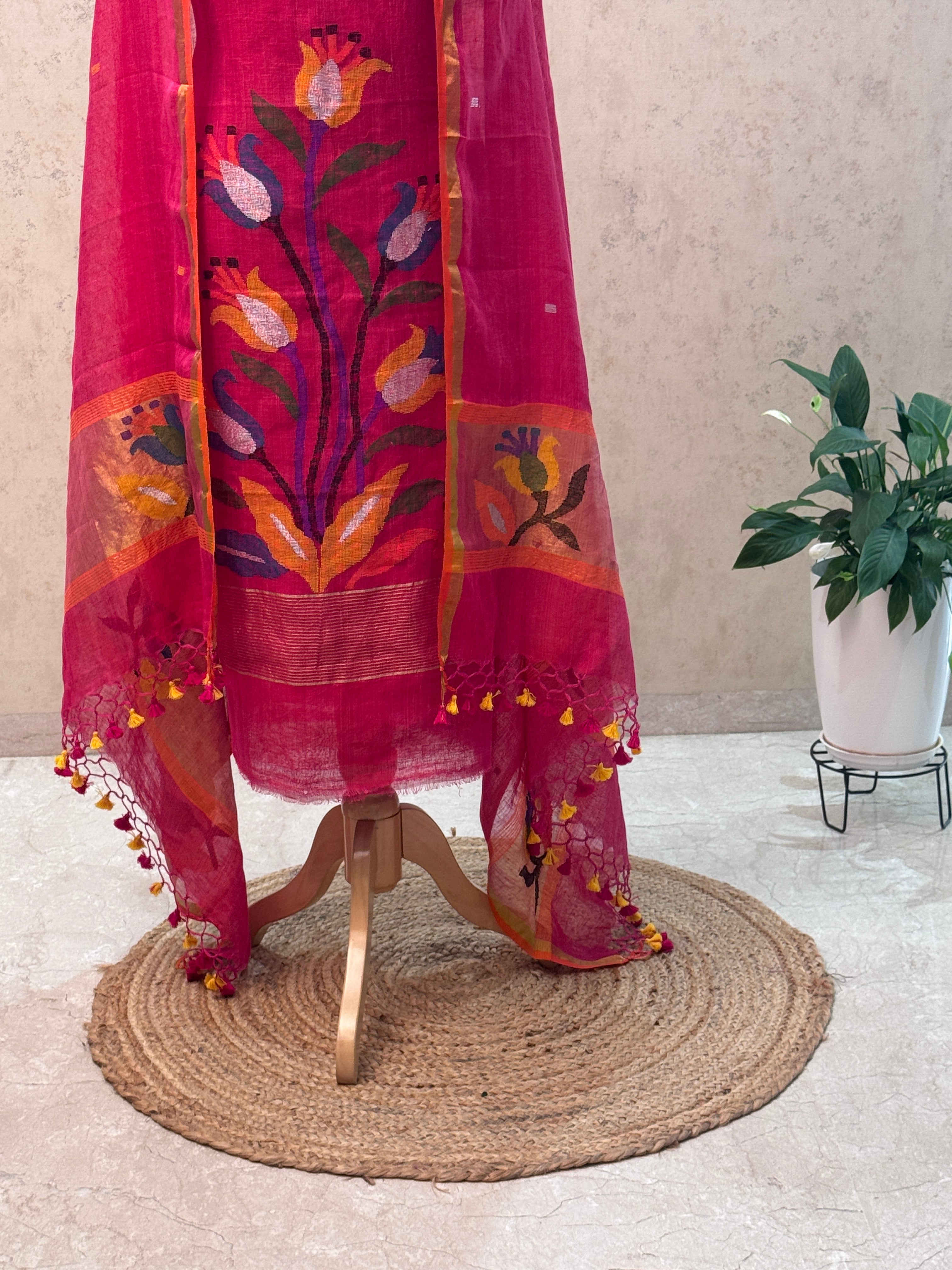 Paithani Jamdani Handloom 2-Piece Suit with Peacock Motif & Tassels