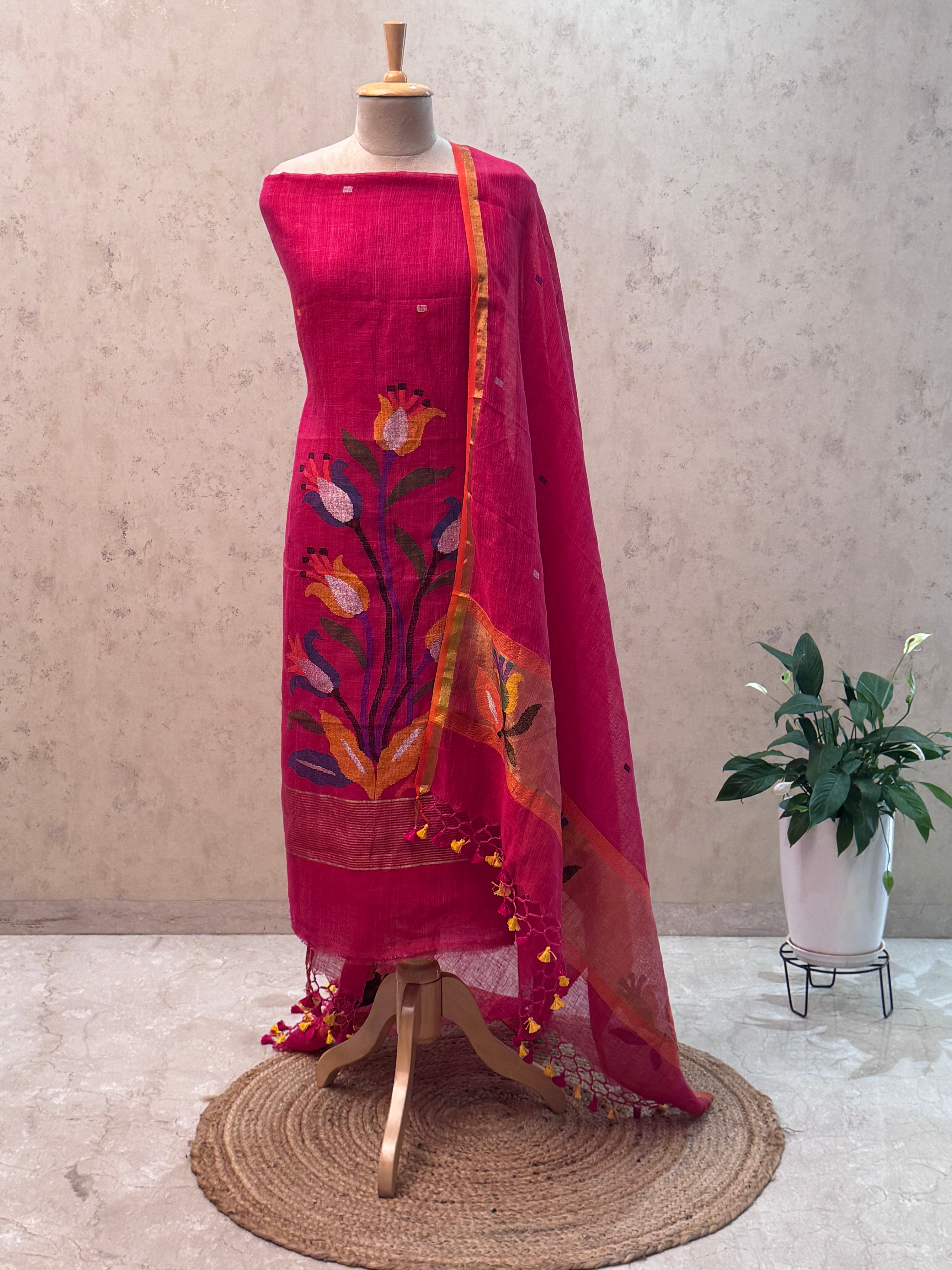 Paithani Jamdani Handloom 2-Piece Suit with Peacock Motif & Tassels