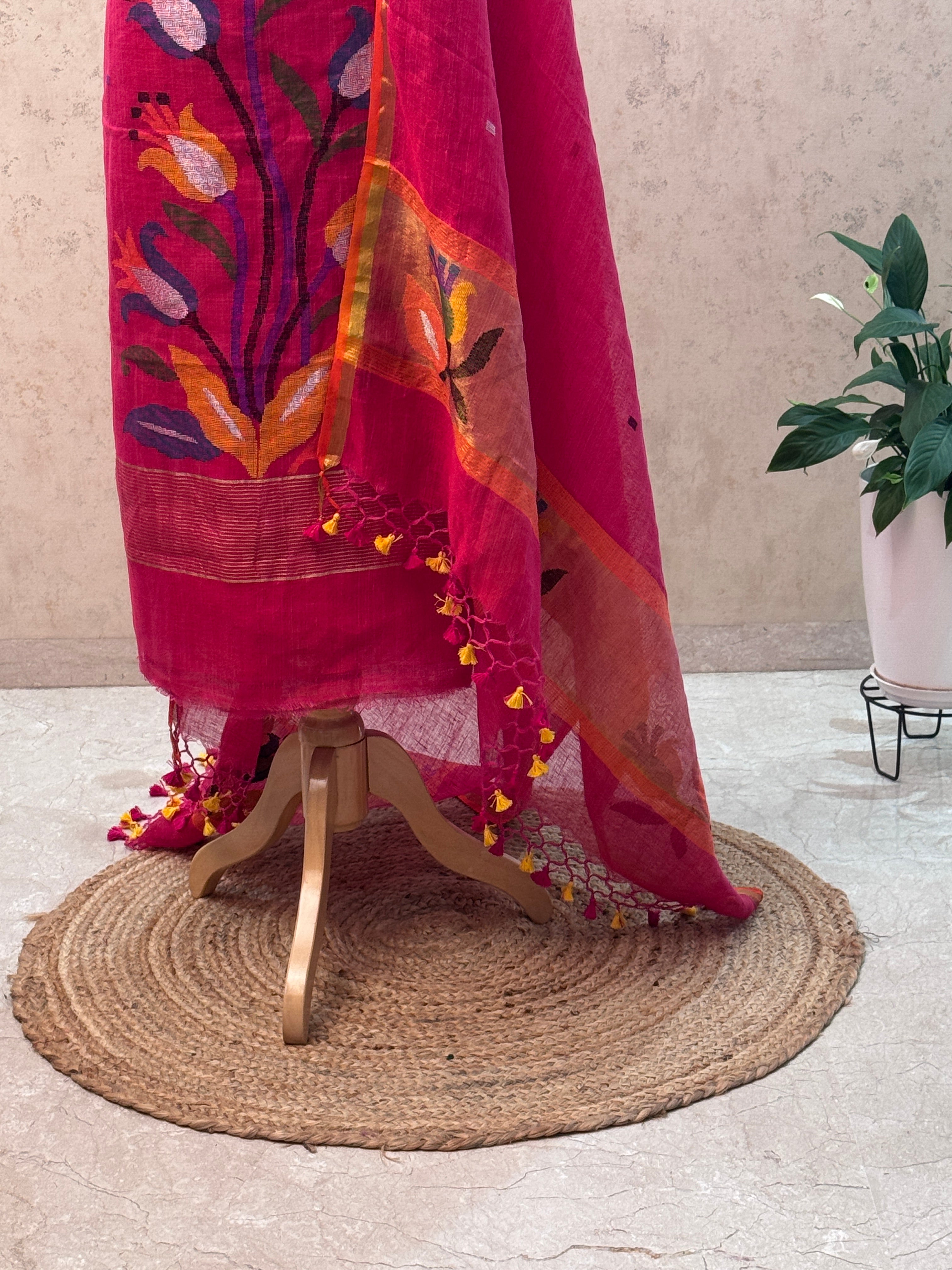 Paithani Jamdani Handloom 2-Piece Suit with Peacock Motif & Tassels