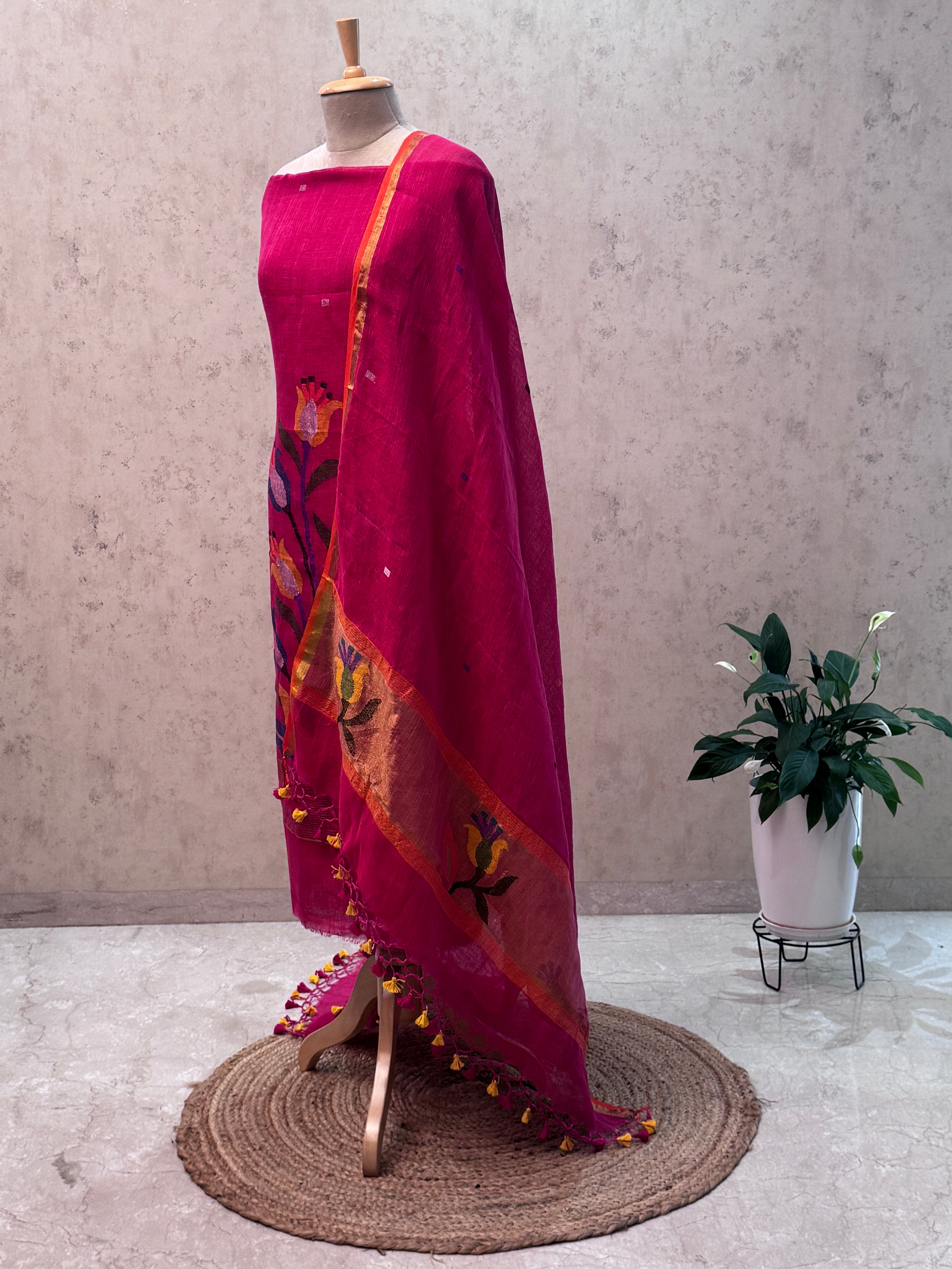 Paithani Jamdani Handloom 2-Piece Suit with Peacock Motif & Tassels