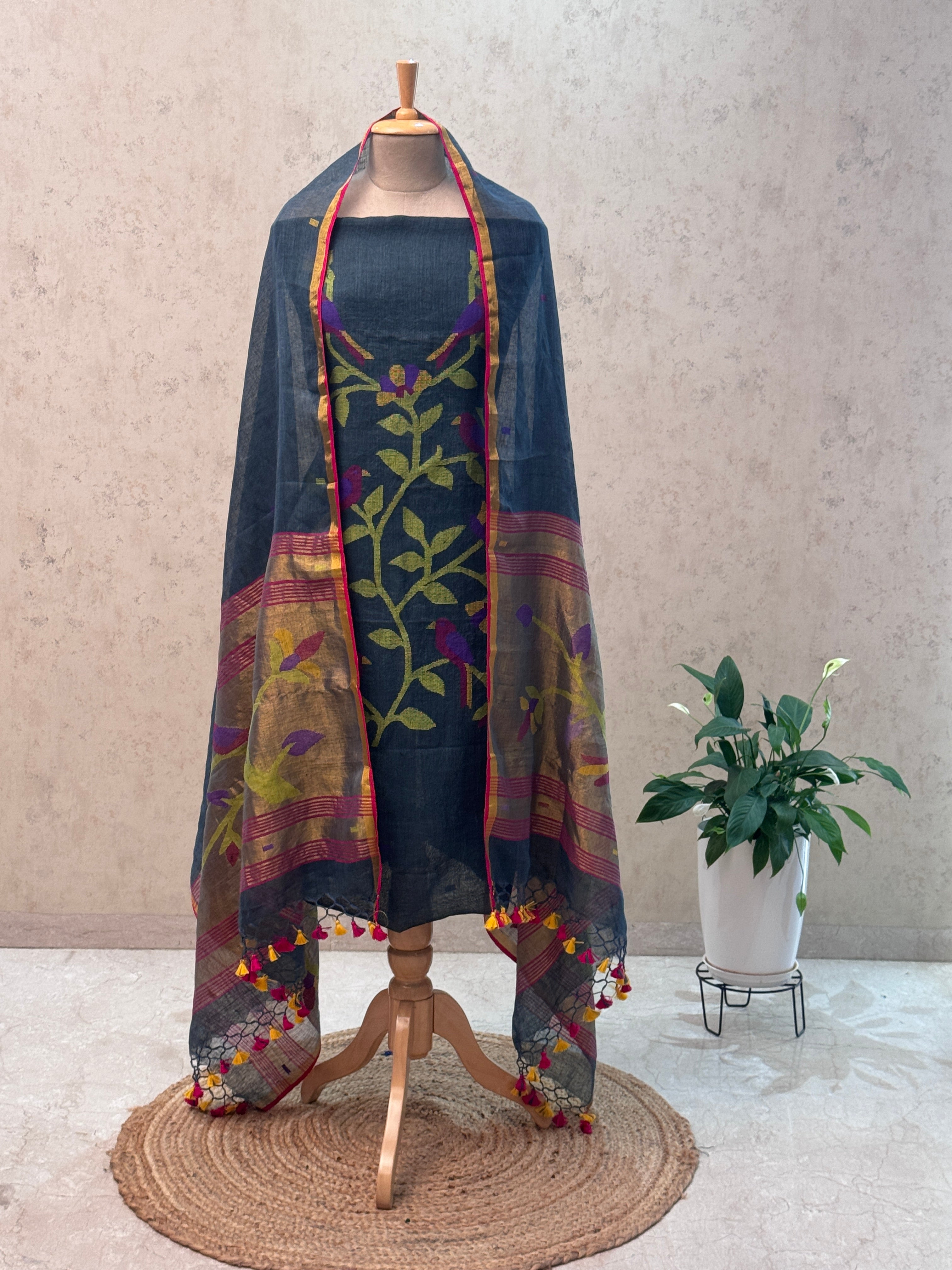 Paithani Jamdani Handloom 2-Piece Suit with Peacock Motif & Tassels