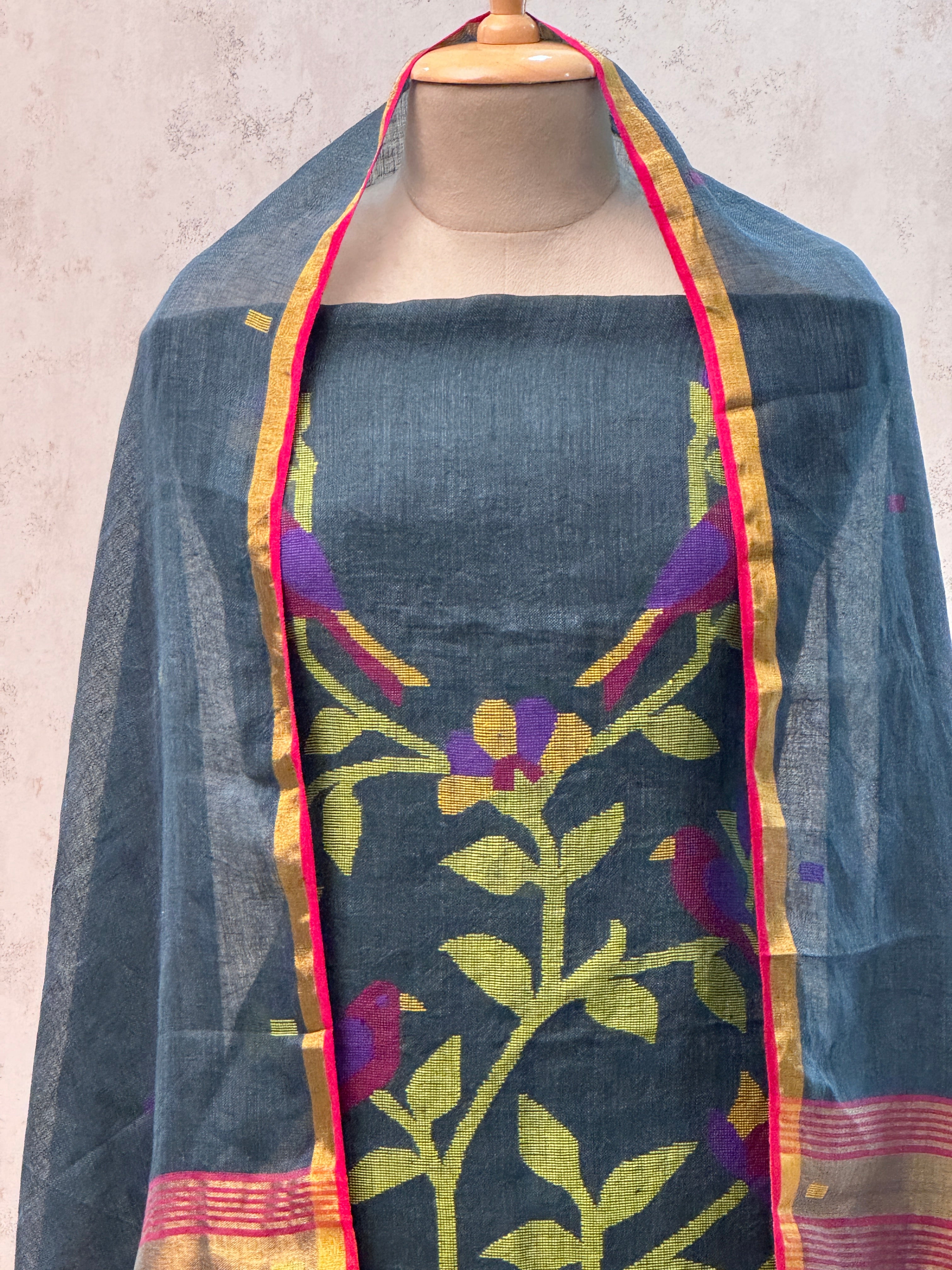 Paithani Jamdani Handloom 2-Piece Suit with Peacock Motif & Tassels