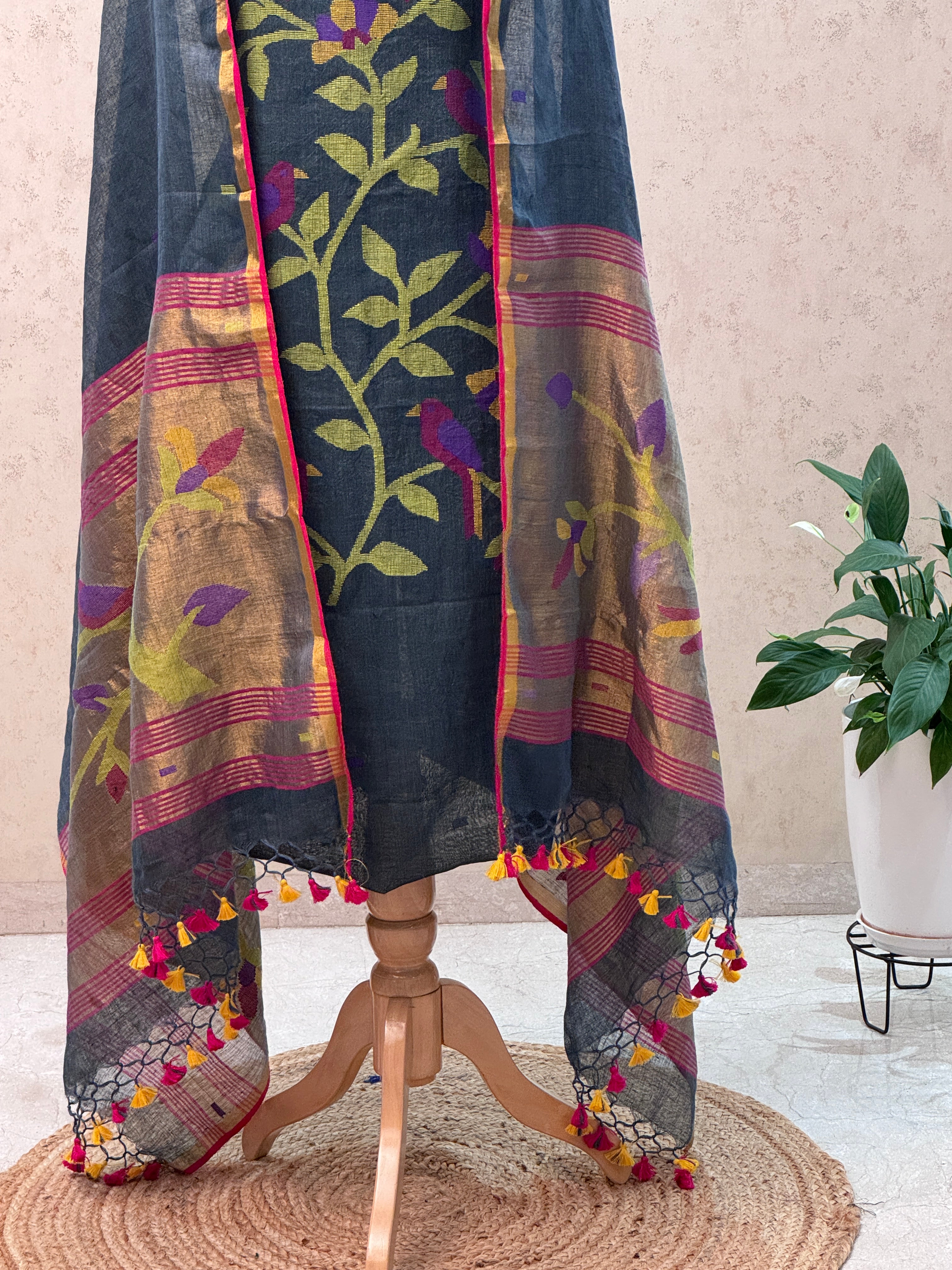 Paithani Jamdani Handloom 2-Piece Suit with Peacock Motif & Tassels