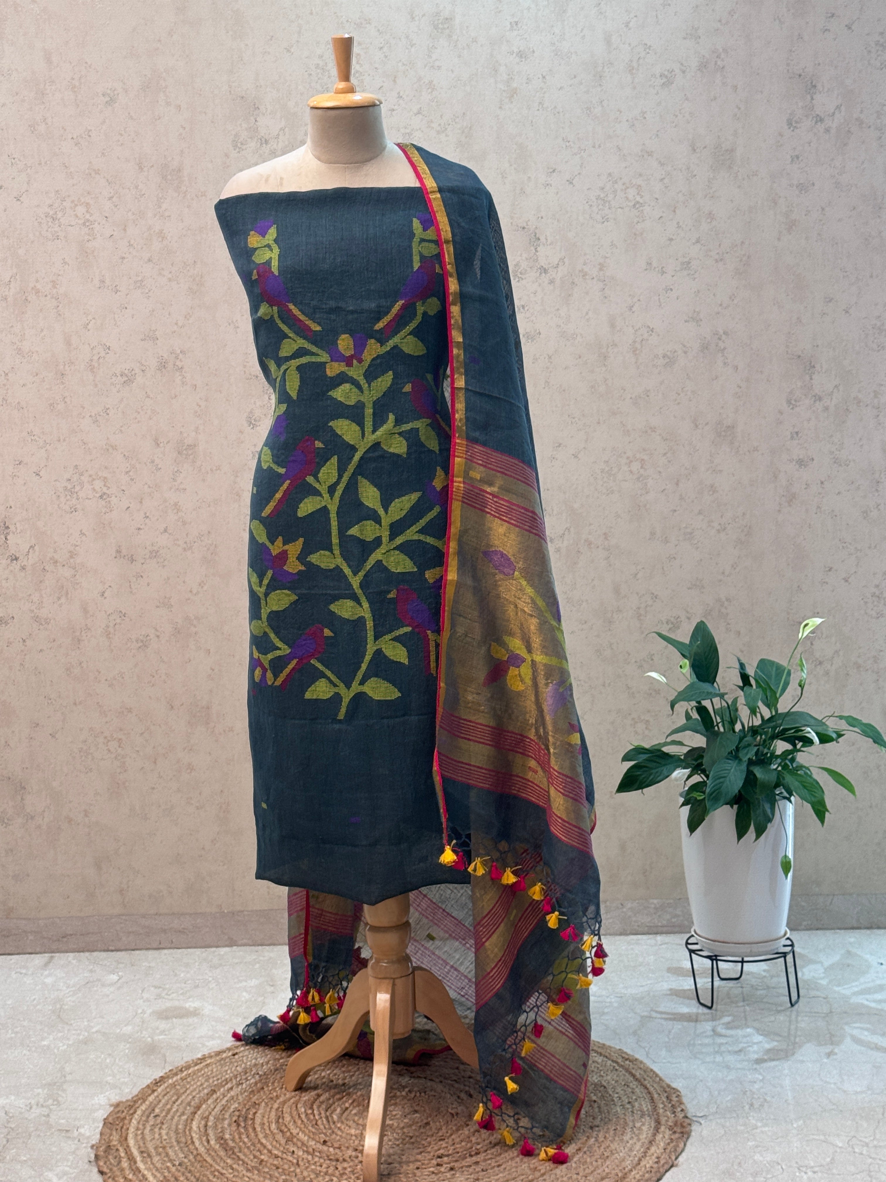 Paithani Jamdani Handloom 2-Piece Suit with Peacock Motif & Tassels