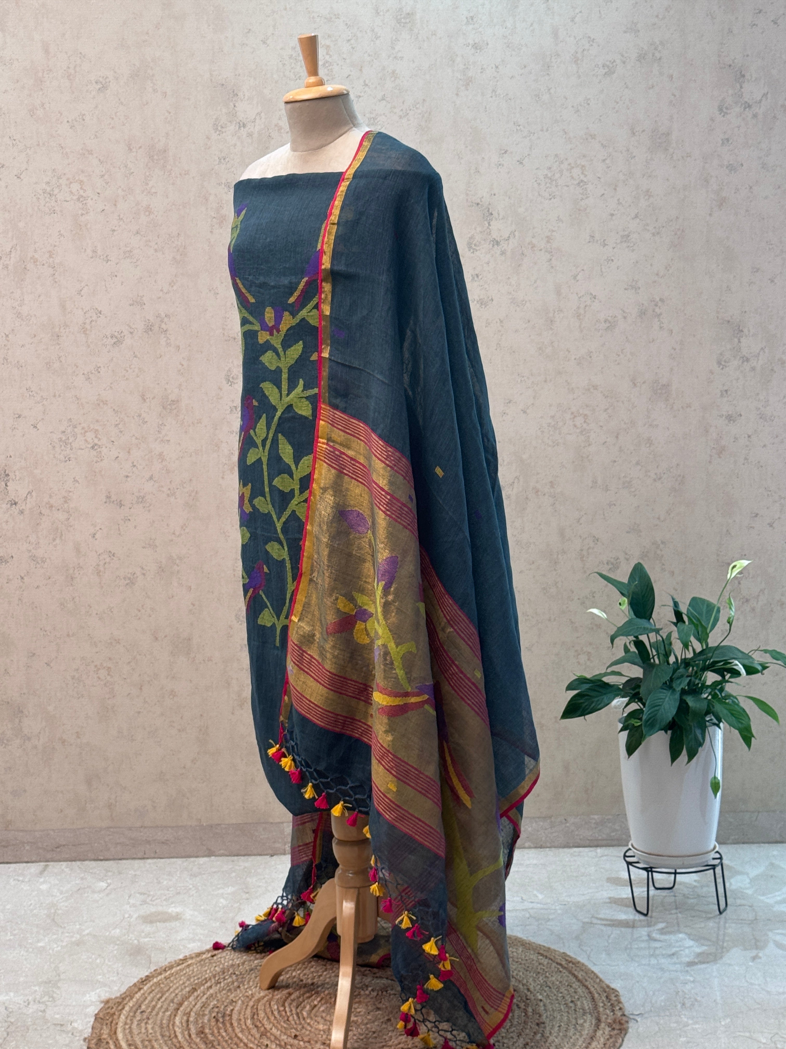 Paithani Jamdani Handloom 2-Piece Suit with Peacock Motif & Tassels