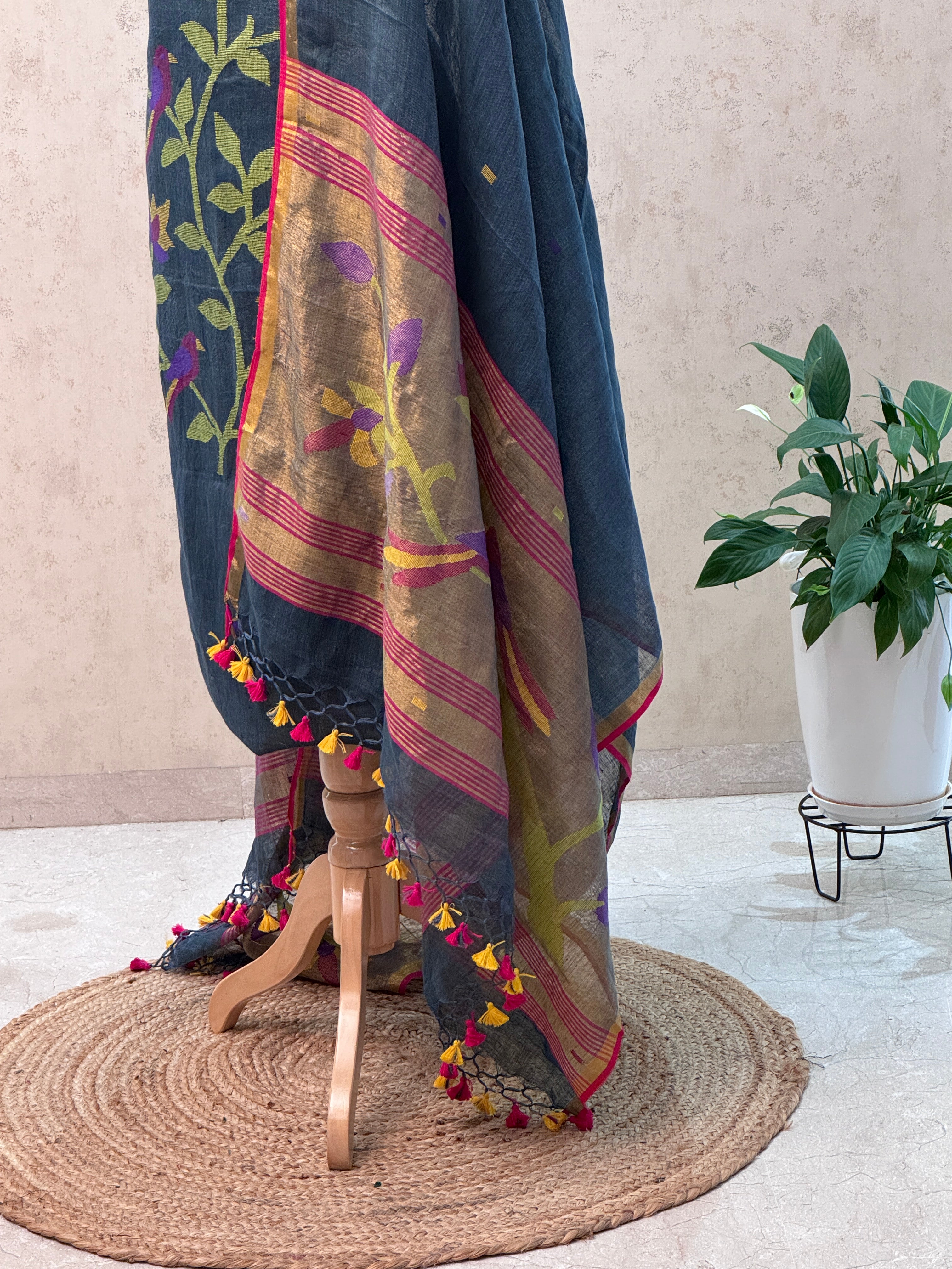 Paithani Jamdani Handloom 2-Piece Suit with Peacock Motif & Tassels
