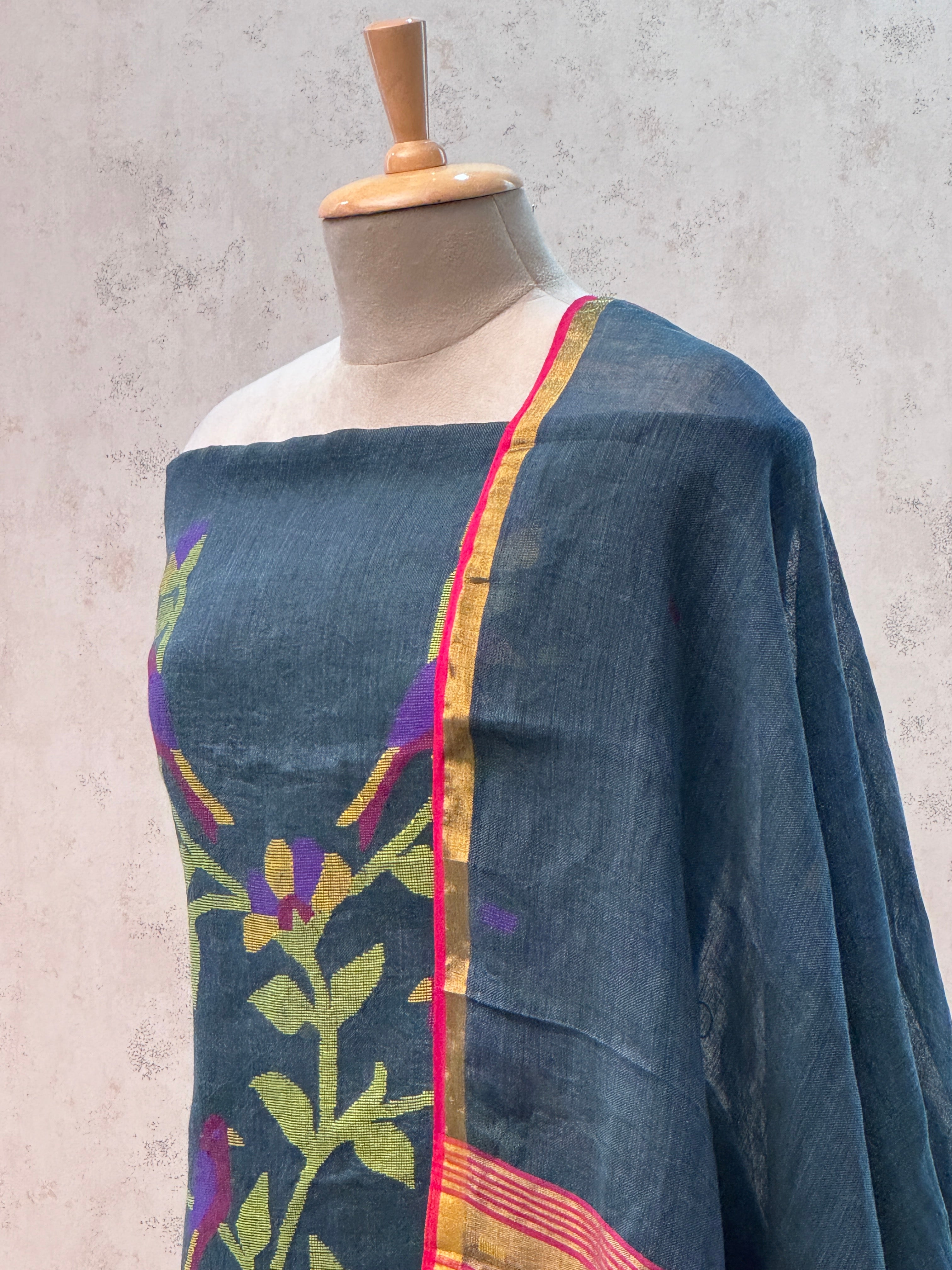 Paithani Jamdani Handloom 2-Piece Suit with Peacock Motif & Tassels