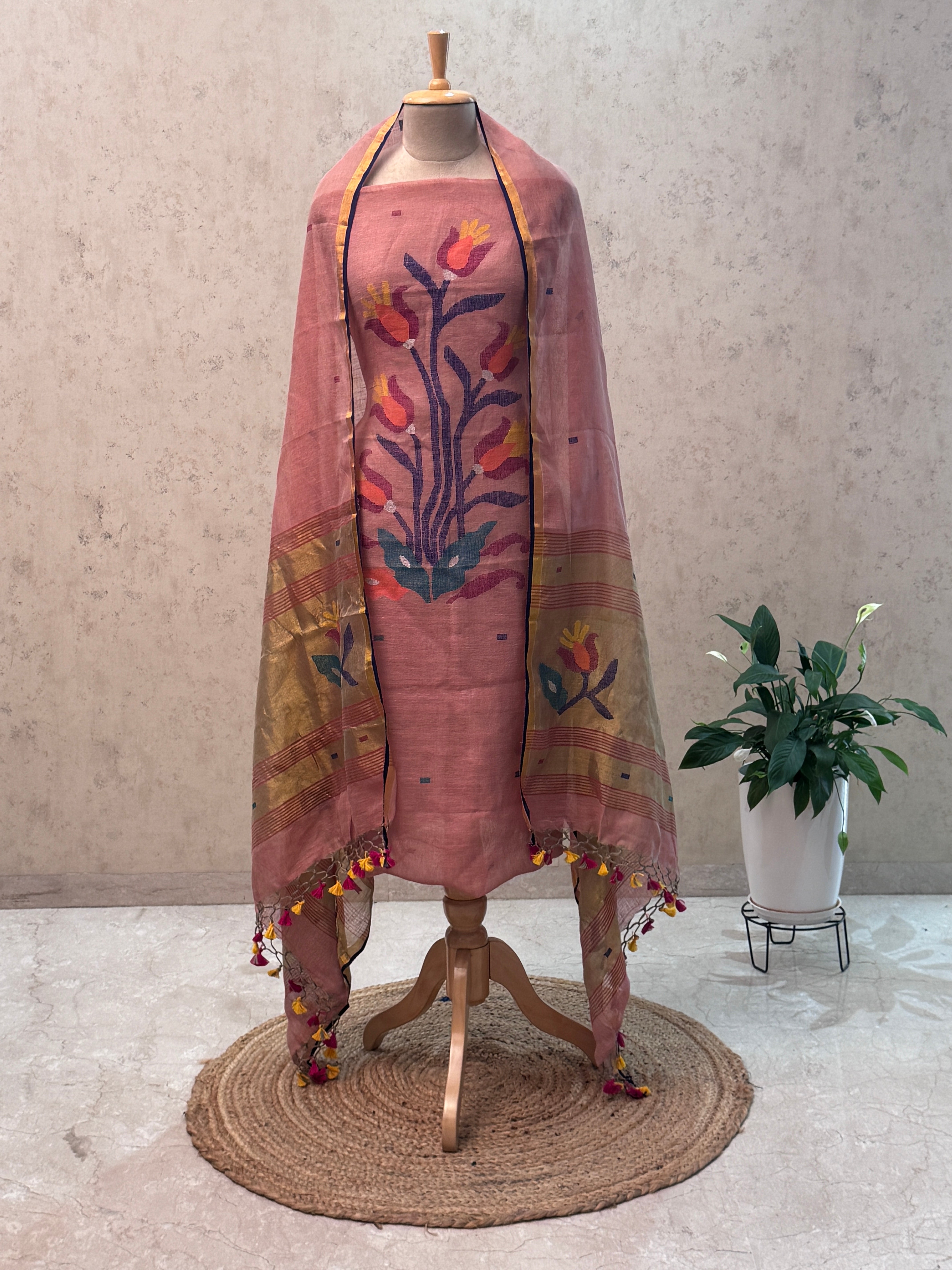 Paithani Jamdani Handloom 2-Piece Suit with Peacock Motif & Tassels