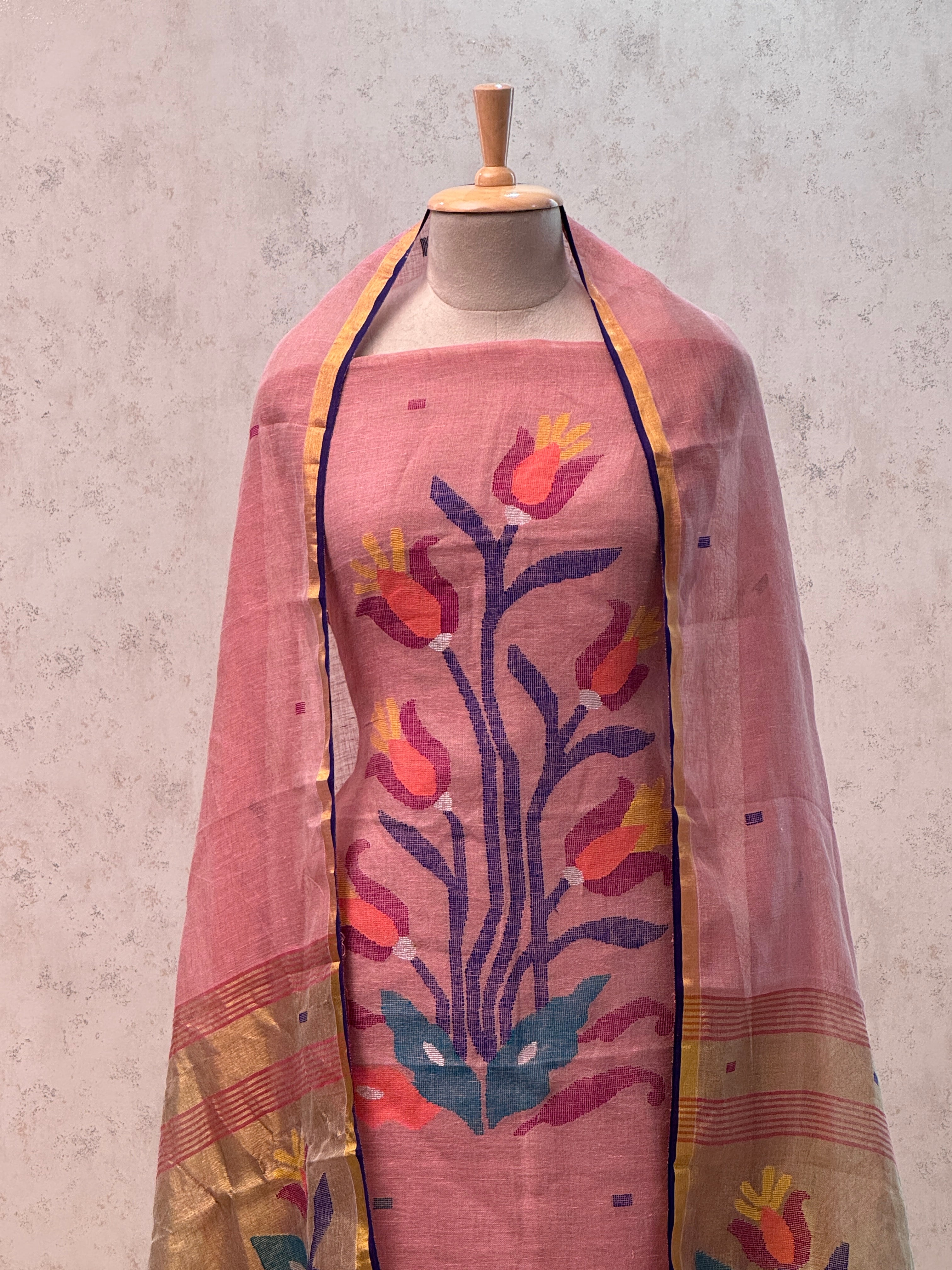 Paithani Jamdani Handloom 2-Piece Suit with Peacock Motif & Tassels