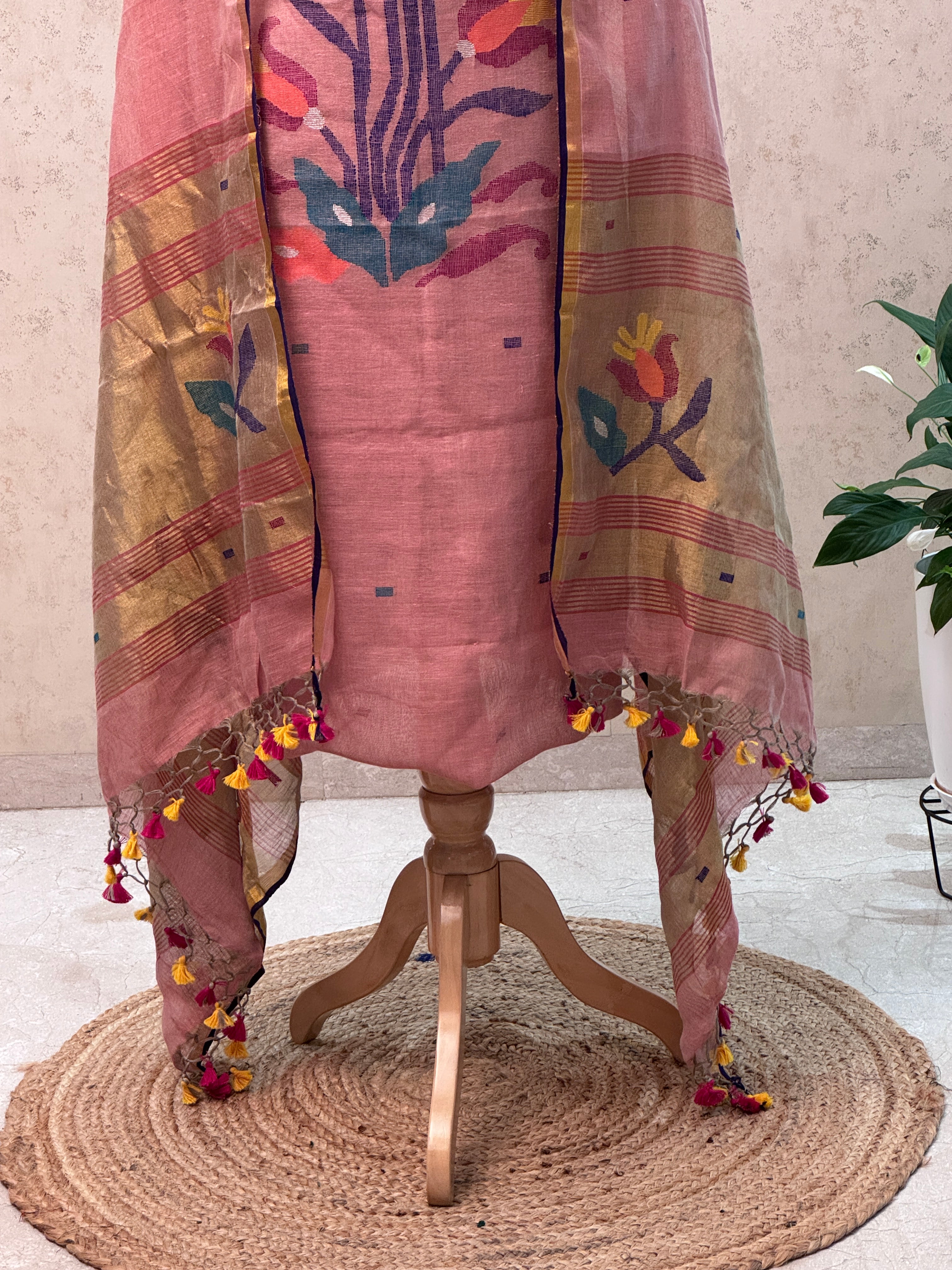 Paithani Jamdani Handloom 2-Piece Suit with Peacock Motif & Tassels