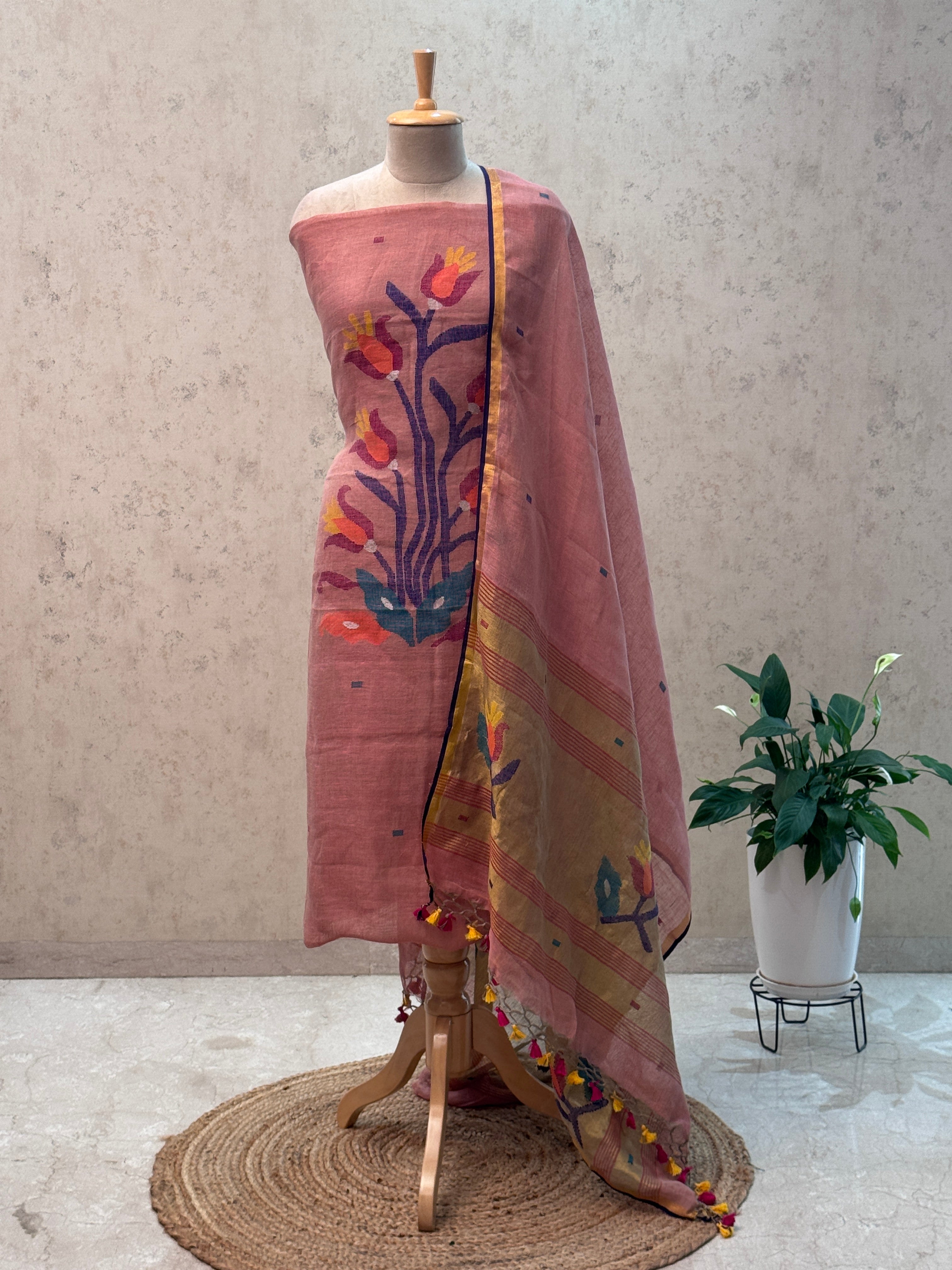 Paithani Jamdani Handloom 2-Piece Suit with Peacock Motif & Tassels
