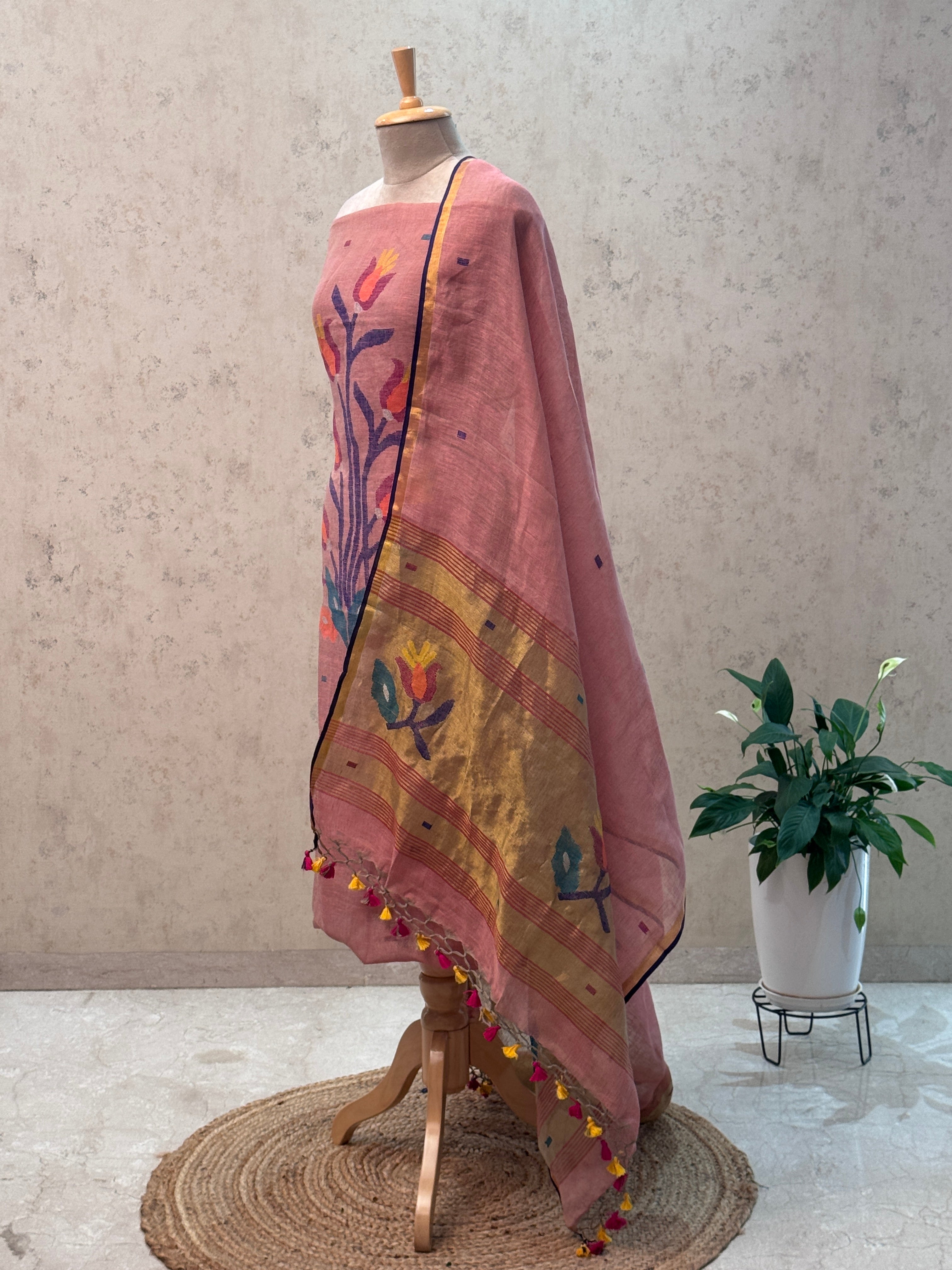 Paithani Jamdani Handloom 2-Piece Suit with Peacock Motif & Tassels