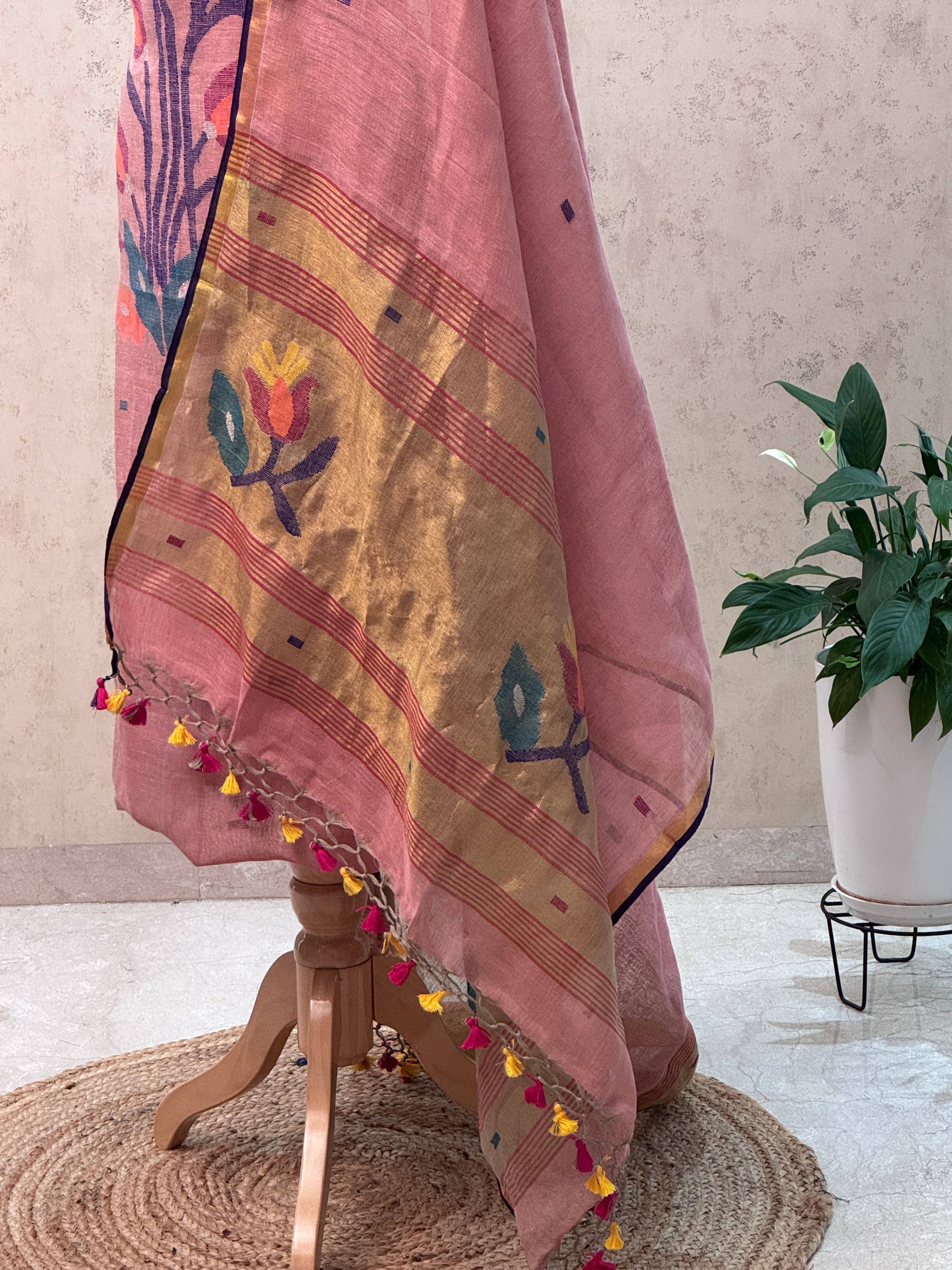 Paithani Jamdani Handloom 2-Piece Suit with Peacock Motif & Tassels