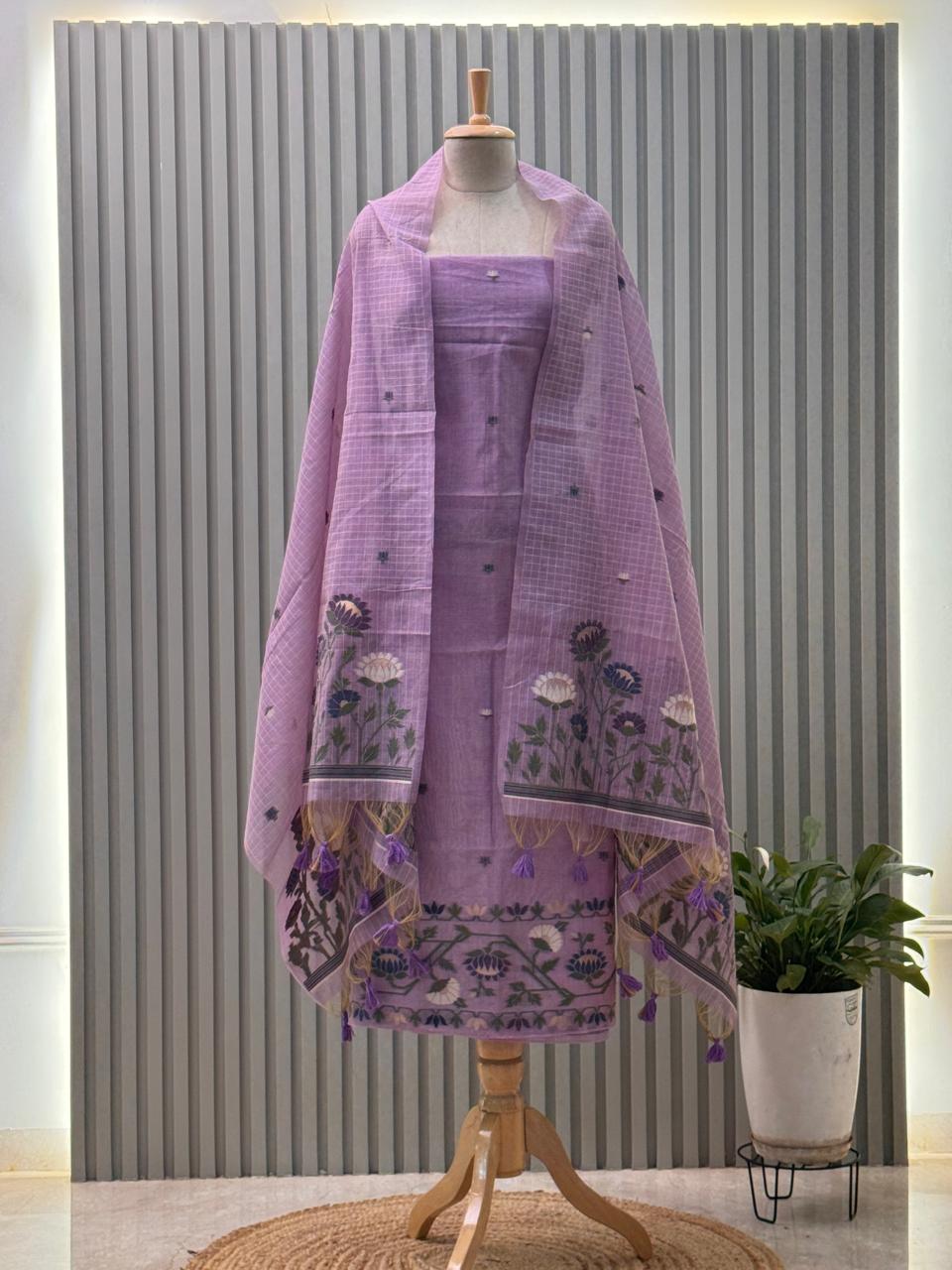 Jamdani Weaved Munga Cotton Fabric 3pc suit with back and sleeves fabric
