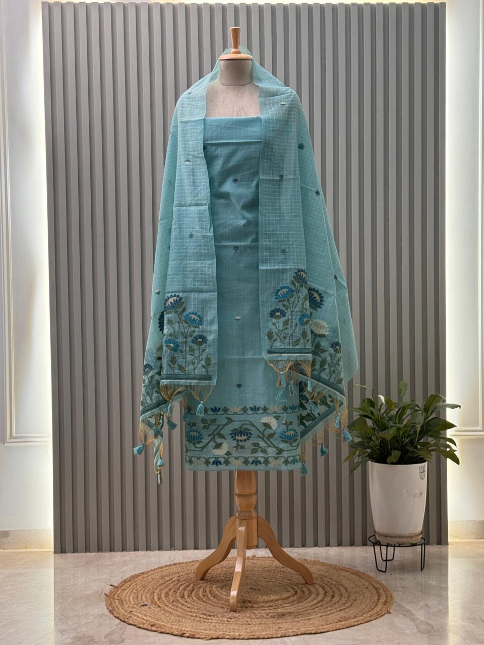 Jamdani Weaved Munga Cotton Fabric 3pc suit with back and sleeves fabric