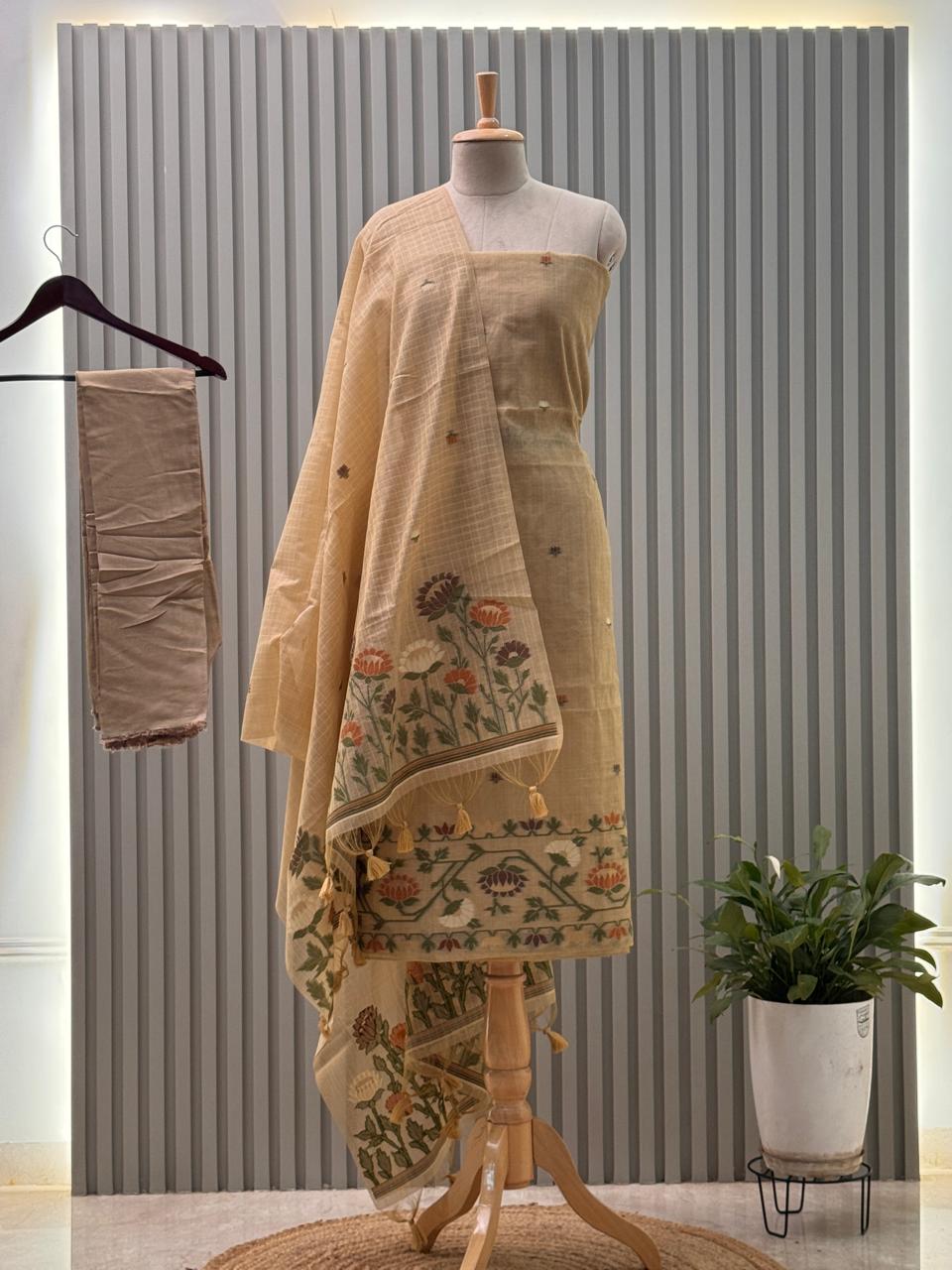 Jamdani Weaved Munga Cotton Fabric 3pc suit with back and sleeves fabric